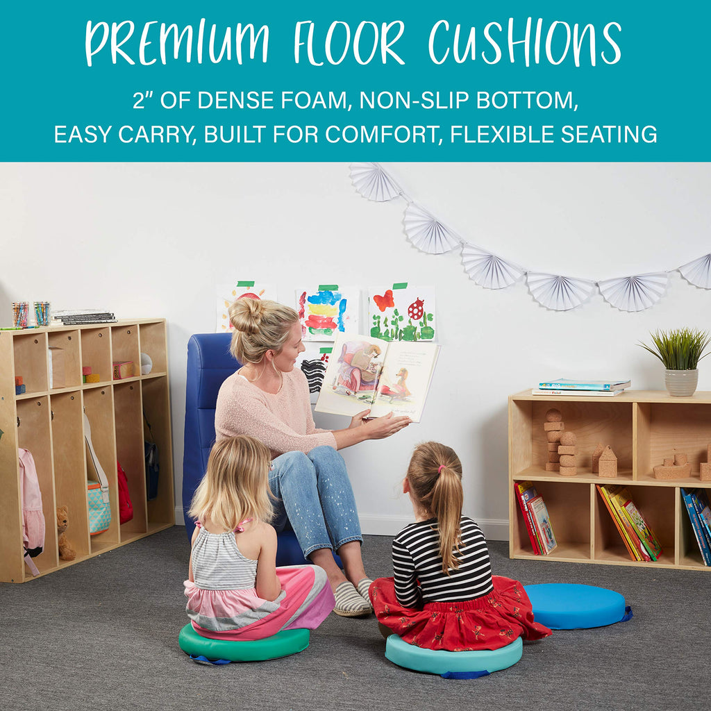 Factory Direct Partners SoftScape 15 inch Square Classroom Floor Cushions with Handles; Flexible Seating for Daycare, Preschool, Playroom; 2 inch Thick Deluxe Foam (6-Piece) - Assorted, 12228-AS