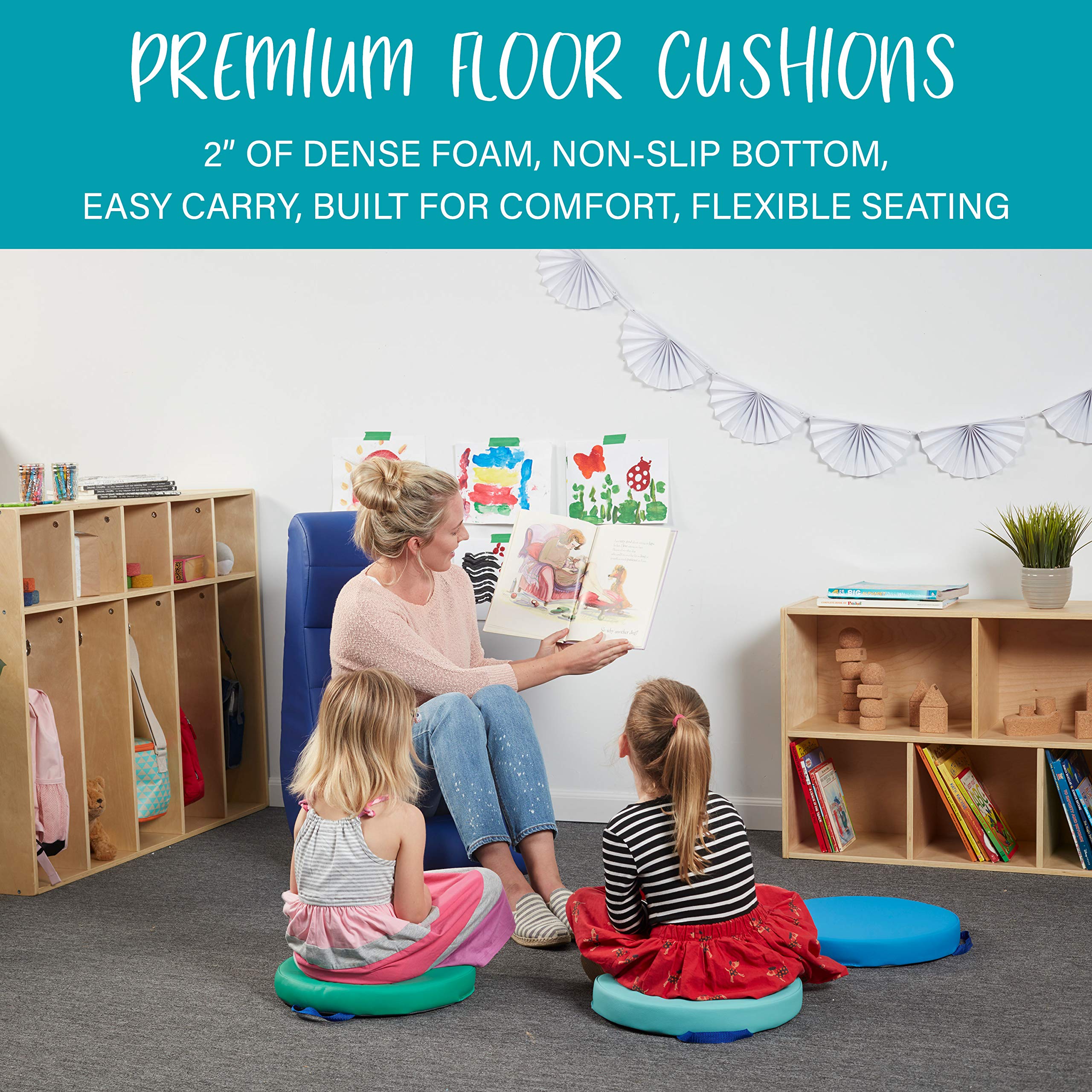 Factory Direct Partners SoftScape 15 inch Square Classroom Floor Cushions with Handles; Flexible Seating for Daycare, Preschool, Playroom; 2 inch Thick Deluxe Foam (6-Piece) - Assorted, 12228-AS