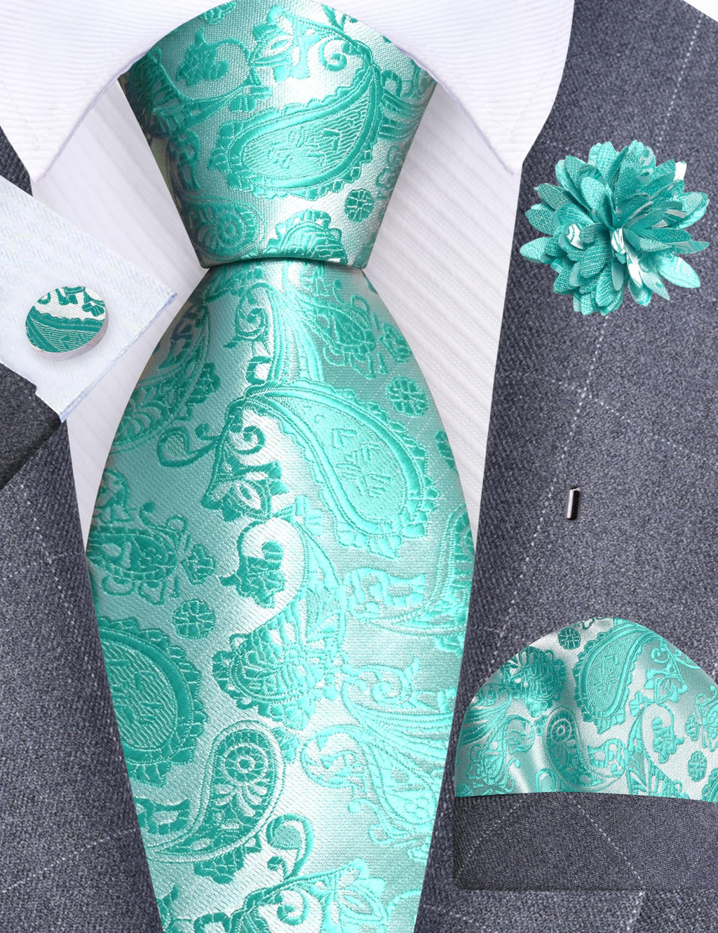 GUSLESON 3.15"（8cm） Mens Paisley Tie and Lapel Pin Necktie Hankerchief Cufflinks Set for Men