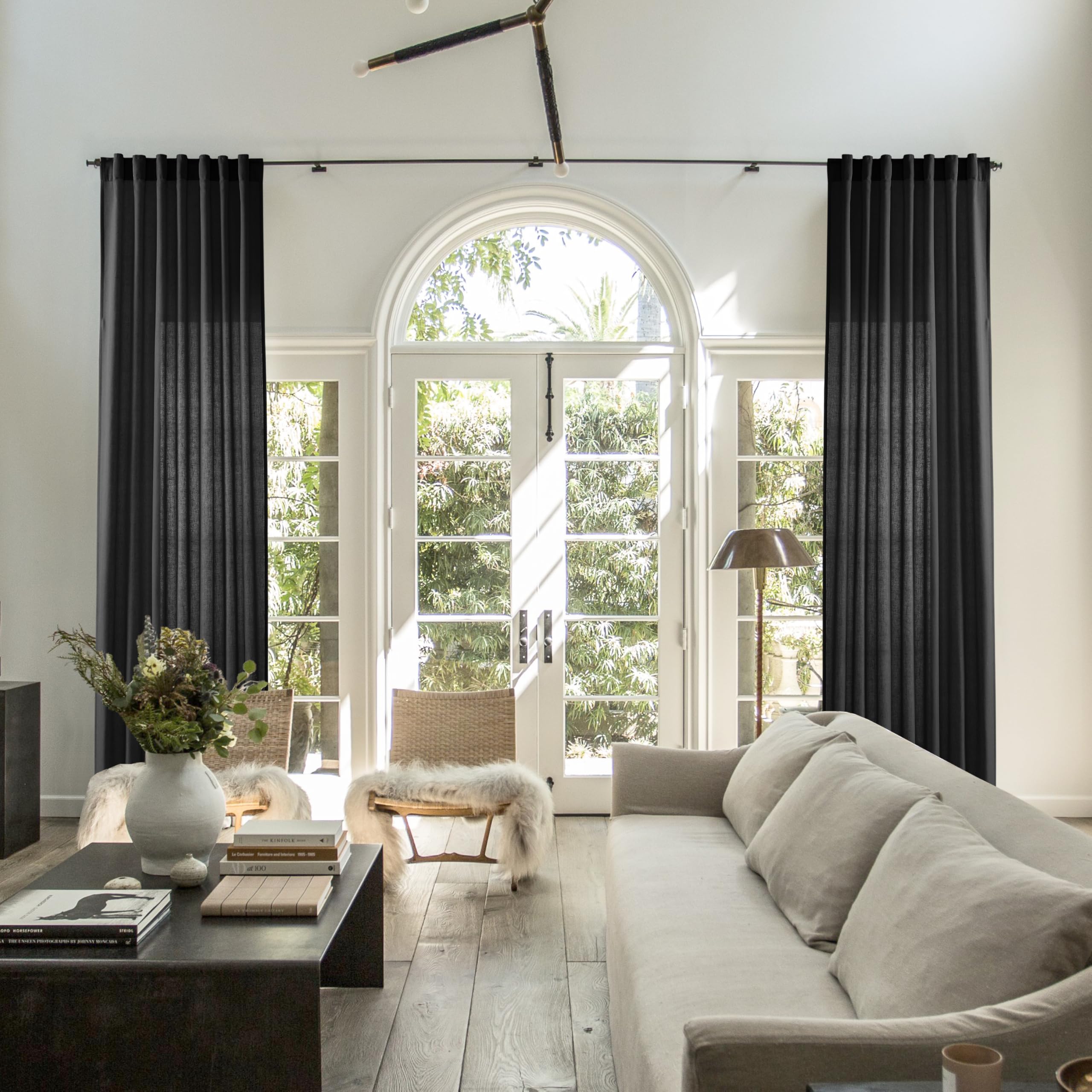 Black Linen Cotton Blend Sheer Curtains, Moody Light Filtering Drapes for Dark Academia Inspired Study Bedroom Living Room, 84 Inch Long 2 Panels Set