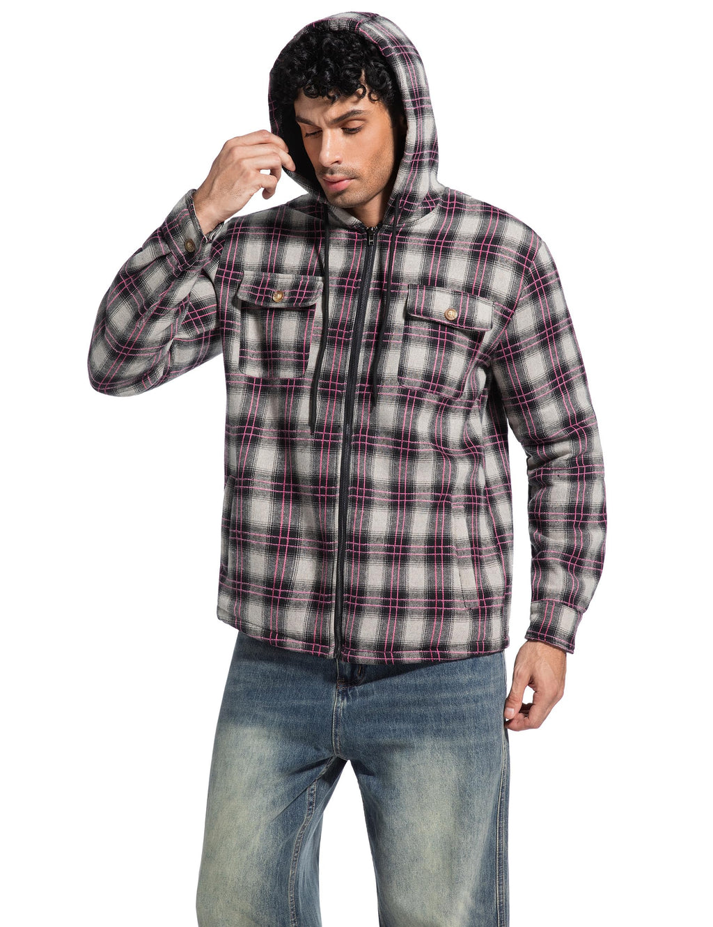Men's Flannel Plaid Hooded Jackets Full Zip Sherpa Fleece Lined Hoodies Fashion Warm Coat