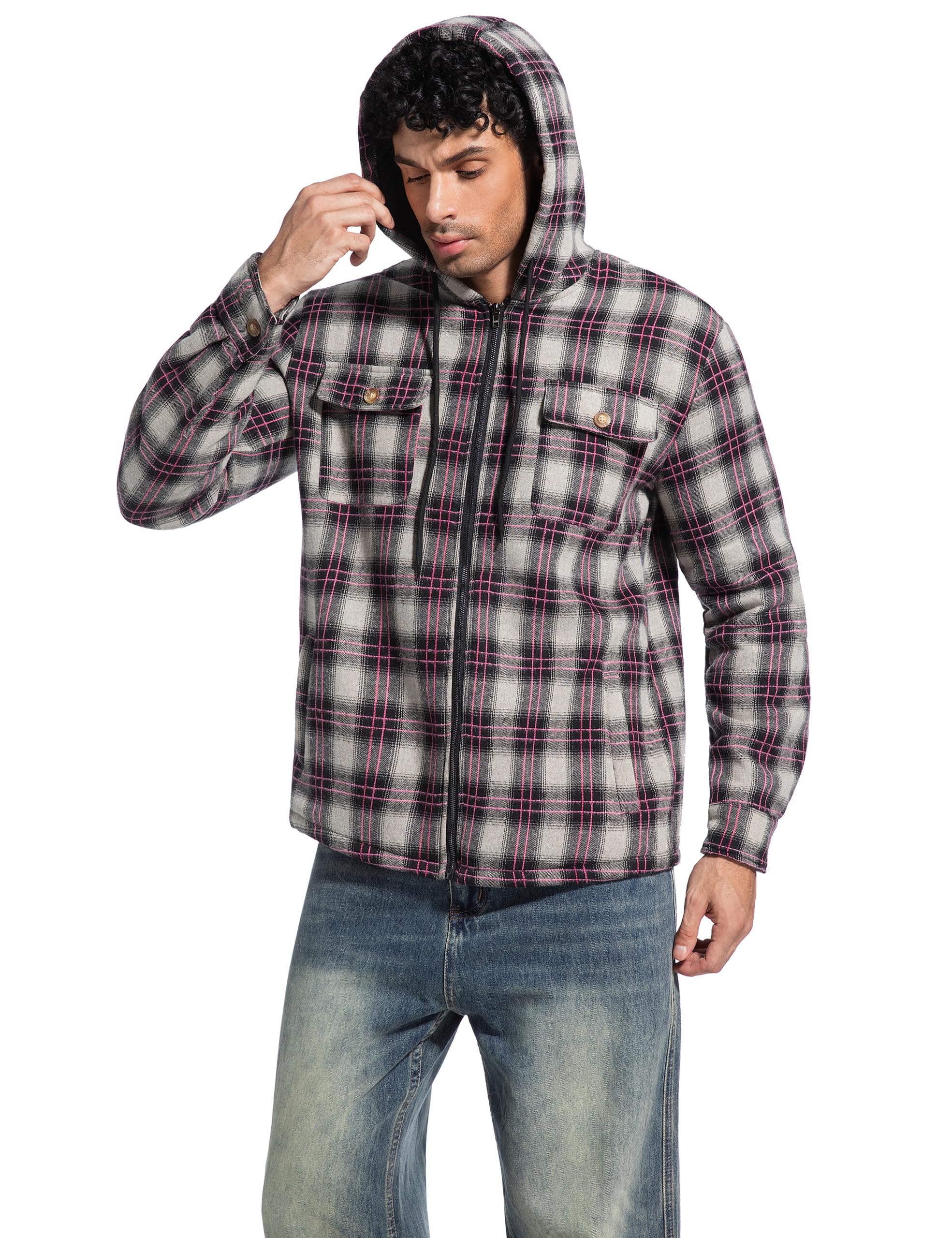 Men's Flannel Plaid Hooded Jackets Full Zip Sherpa Fleece Lined Hoodies Fashion Warm Coat