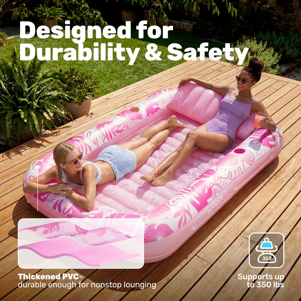SLOOSH Inflatable Tanning Pool Lounger Float, 85" x 57" Extra Large Pool Floats Adult with Pillow, 4 in 1 Suntan Tub Raft Floatie,Sunbathing Bed Lounge for Water Blow Up Ball Pit Party Gifts, XL-Blue