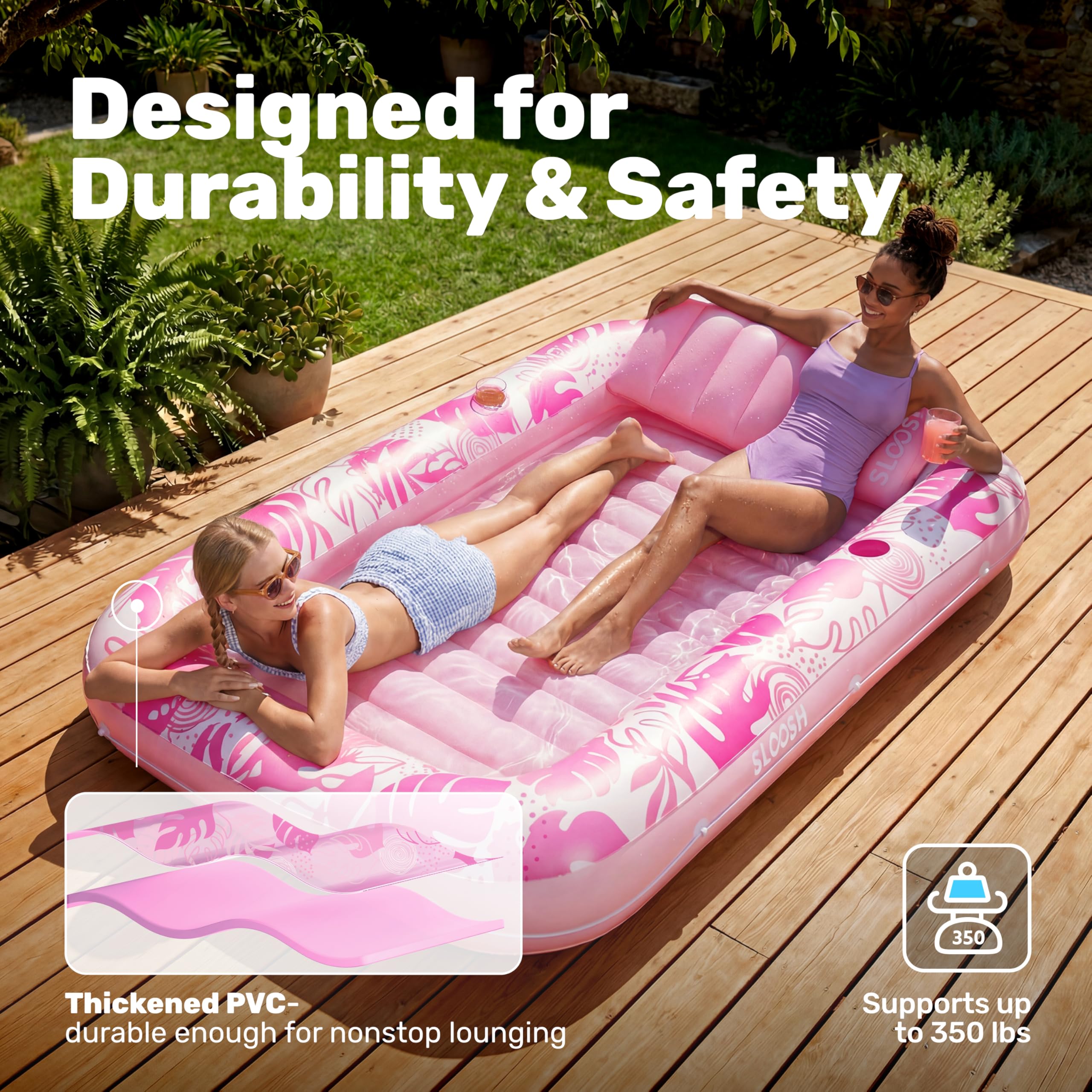 SLOOSH Inflatable Tanning Pool Lounger Float, 85" x 57" Extra Large Pool Floats Adult with Pillow, 4 in 1 Suntan Tub Raft Floatie,Sunbathing Bed Lounge for Water Blow Up Ball Pit Party Gifts, XL-Blue