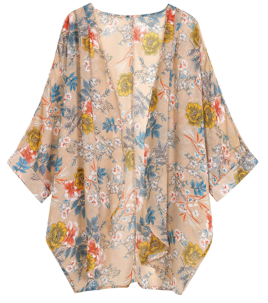 olrain Women's Floral Print Sheer Chiffon 3/4 Bat Sleeve Casual Loose Kimono Cardigan Capes