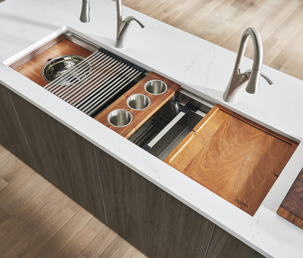 Ruvati 33-inch Workstation Kitchen Sink - Dual Tier Double Bowl Kitchen Sink - Low Divide Undermount Sinks - 16 Gauge Stainless Steel Kitchens Sinks - RVH8255