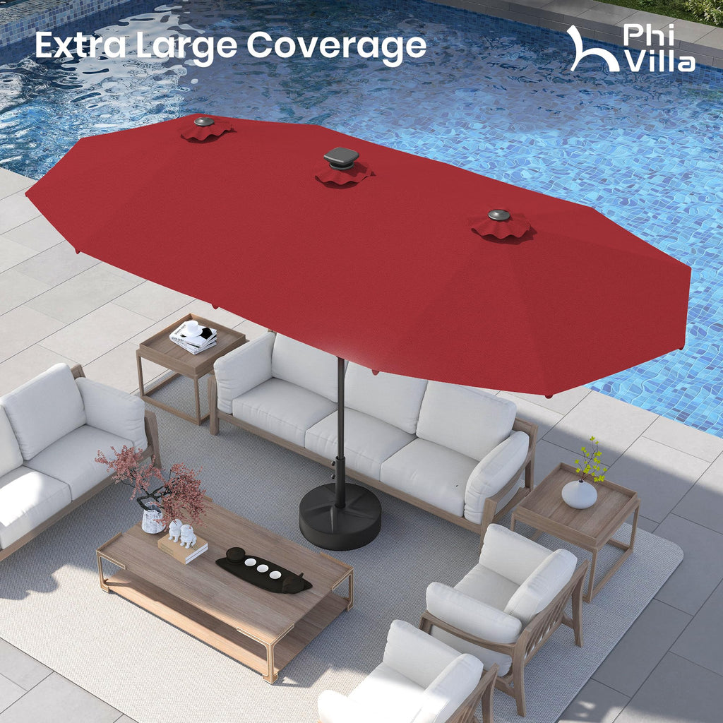 PHI VILLA 13ft Patio Umbrella with Solar-Powered 120 PCS LED Color-Changing Lights, Triple-Head Large Rectangle Umbrella Outdoor Patio for Table with Crank Lift,Beige(No Base)