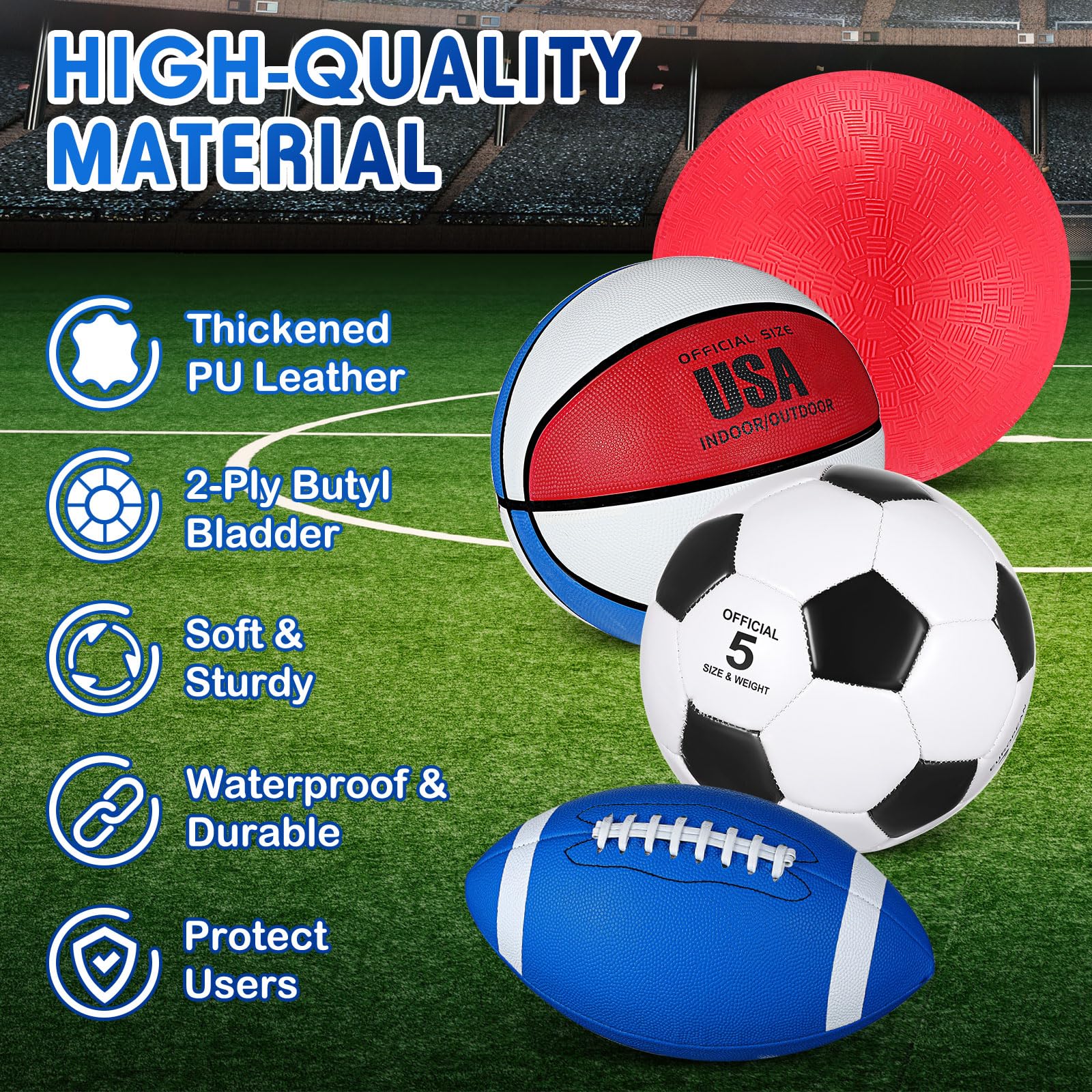 Lenwen 4 Pcs Sports Balls Set for Teen Adult, Include Official Size Basketball Soccer Football Playground Ball Pump Equipment Bag Ball Gifts Back to School