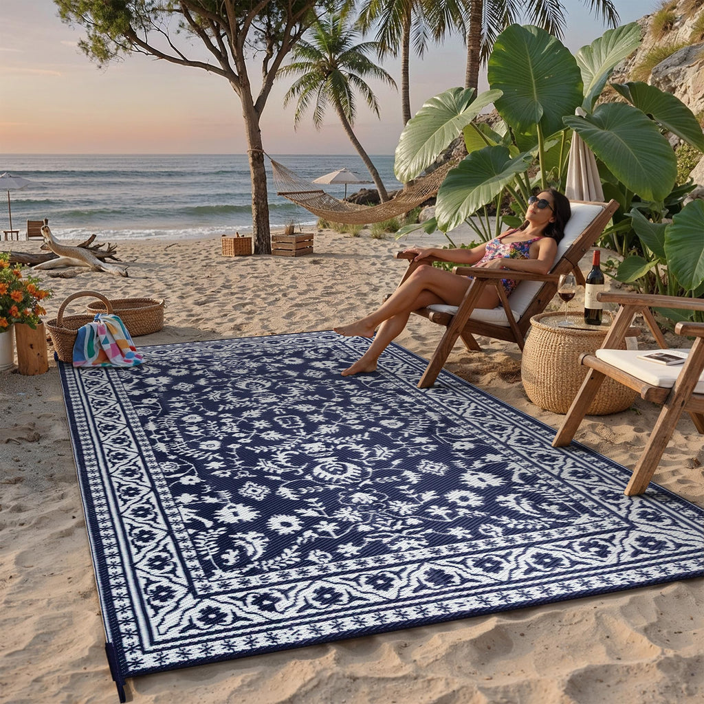 PureCozy Outdoor Plastic Straw Rug Black Beige Large Outside Waterproof Outdoor Patio 5x8 Carpet Geometric Reversible Mat Modern for Camping RV Porch Deck Balcony Beach