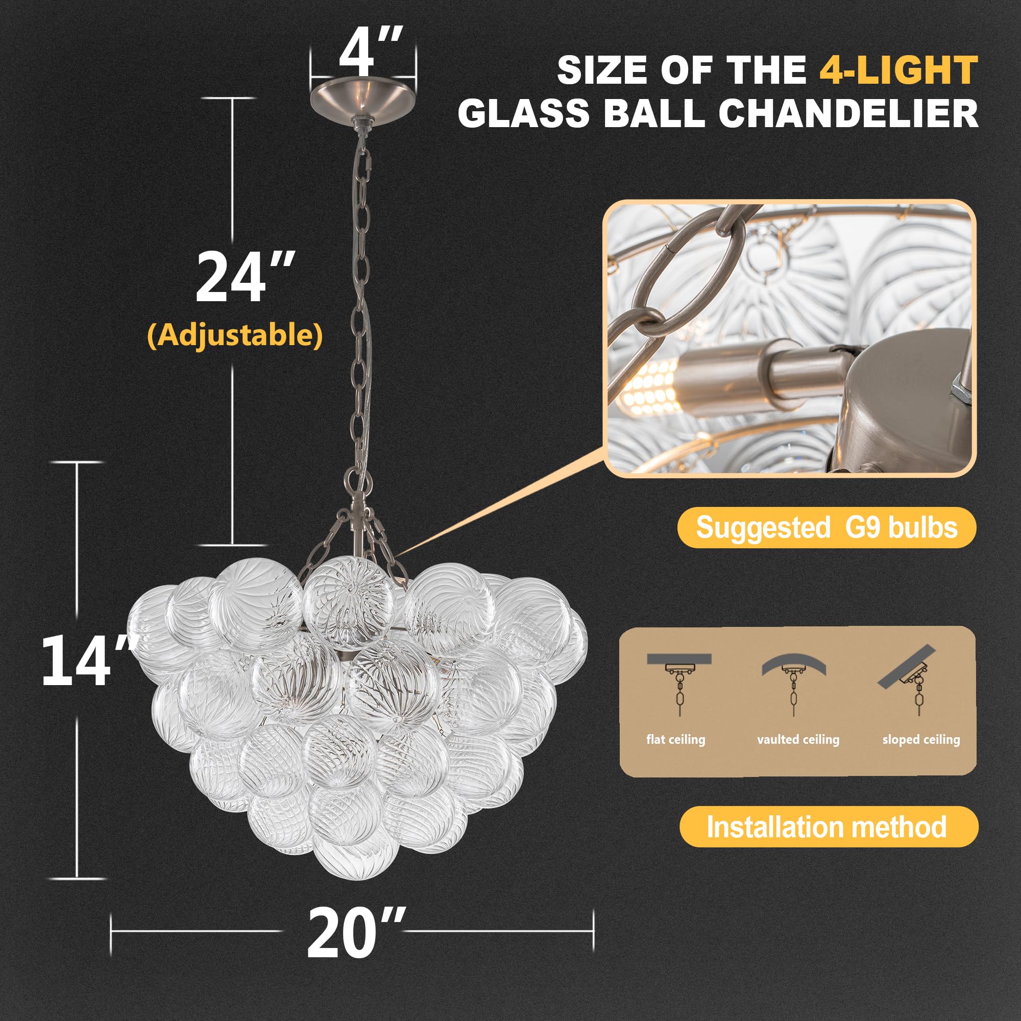 Longree Bubble Glass Ball Chandelier White 20" Dia Pendant Light | Swirled Glass Globe, for Dining Room Kitchen Bathroom Entry Bedroom