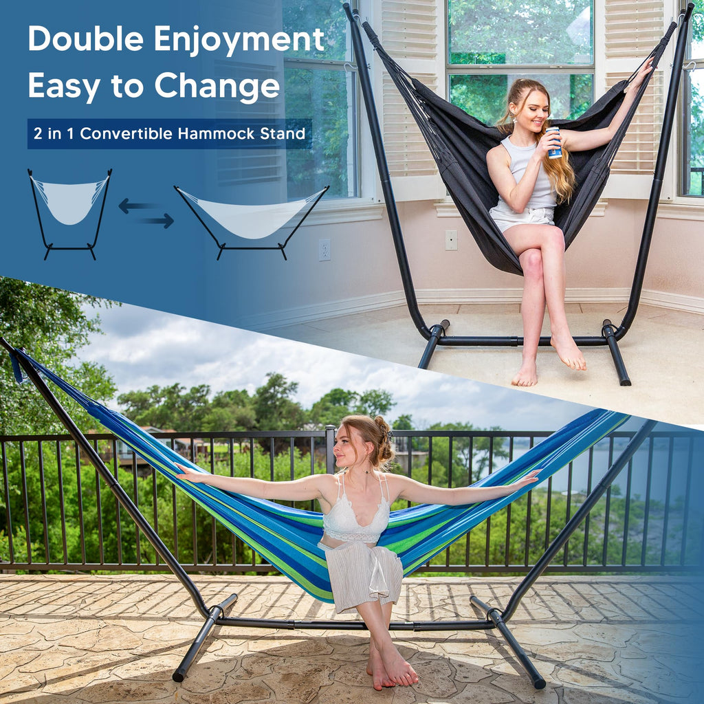 SUNCREAT 2-in-1 Convertible Free Standing Hammock with Stand Included, Camping Backyard Hammock with Stand, Patented, Blue & White Stripe