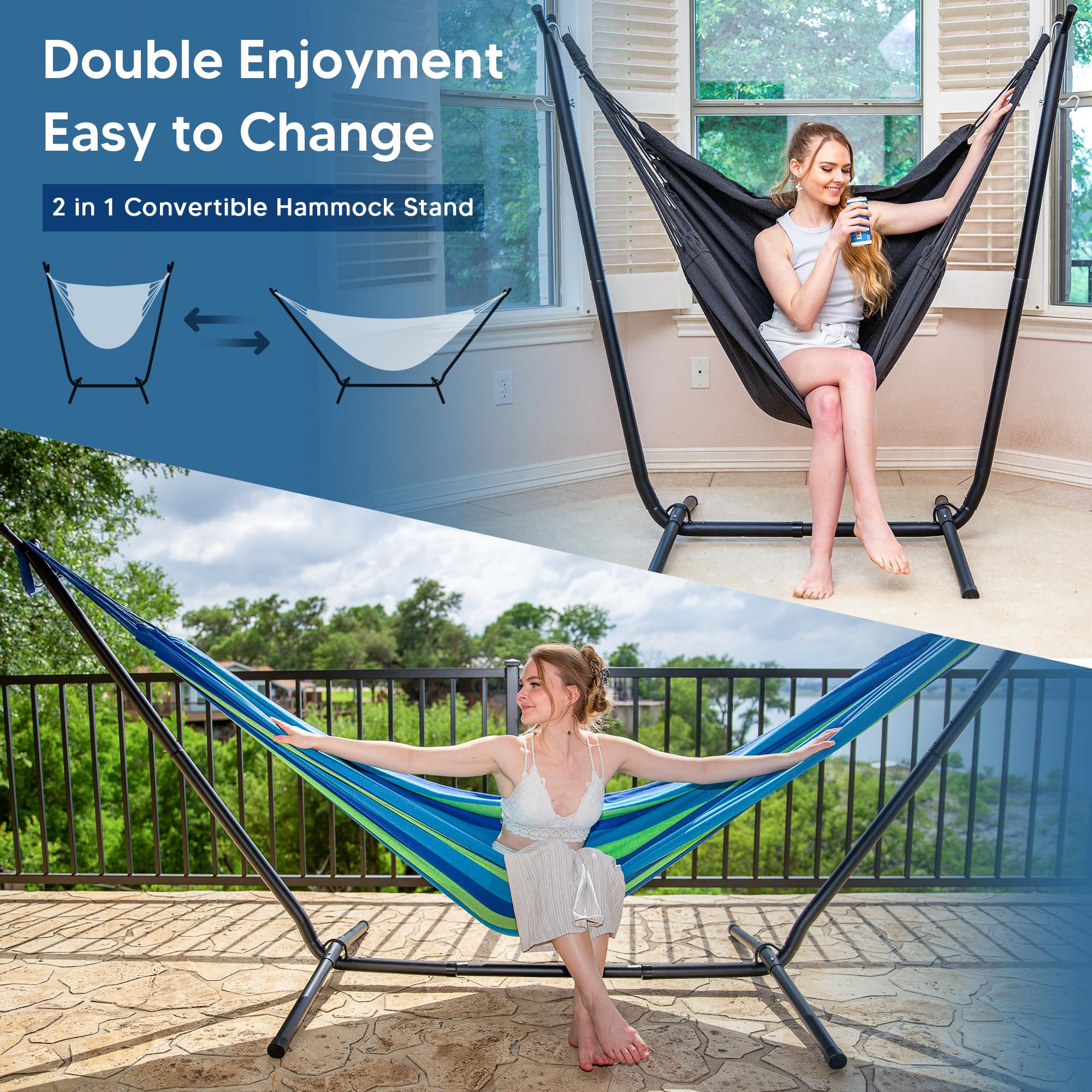 SUNCREAT 2-in-1 Convertible Free Standing Hammock with Stand Included, Camping Backyard Hammock with Stand, Patented, Blue & White Stripe