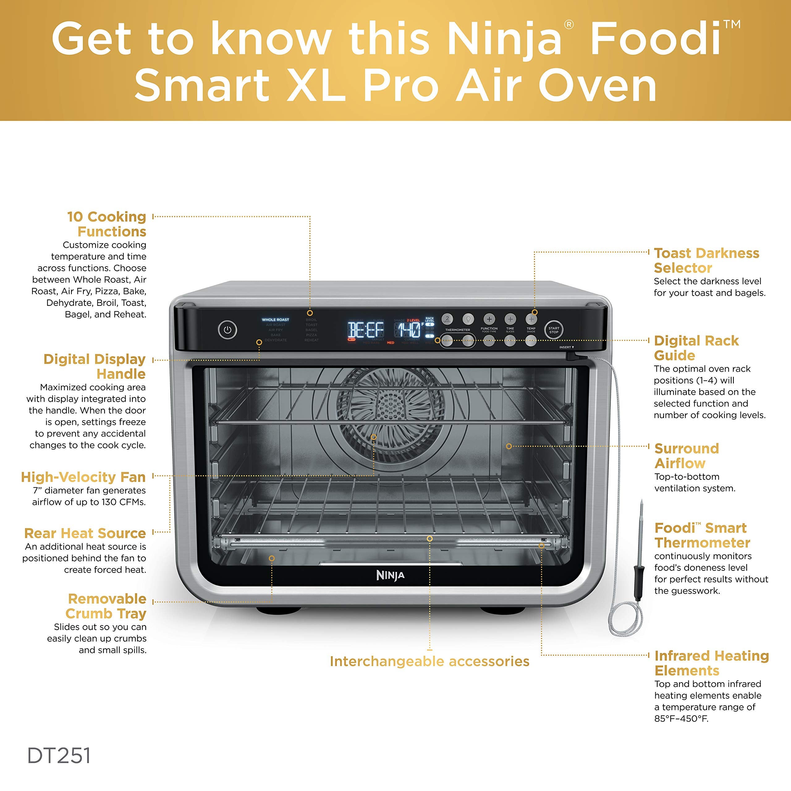 Ninja DT251 Foodi 10-in-1 Smart XL Air Fry Oven, Bake, Broil, Toast, Air Fry, Roast, Digital Toaster, Smart Thermometer, True Surround Convection up to 450°F, includes 6 trays & Recipe Guide, Silver