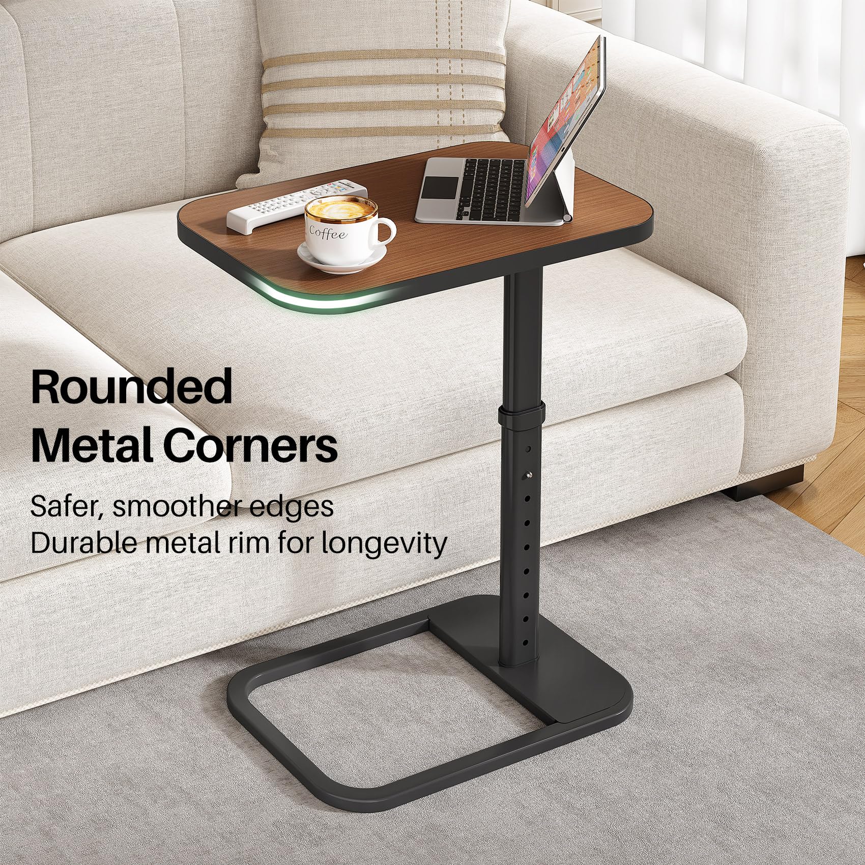 Kitstorack TV Tray Table, Adjustable Height & Rounded Metal Corners, Snack Table for Couch, Sofa, Bed, Chair, Living Room, C Shaped End Side Table for Eating, Dinner or Laptop, Small Spaces, Black