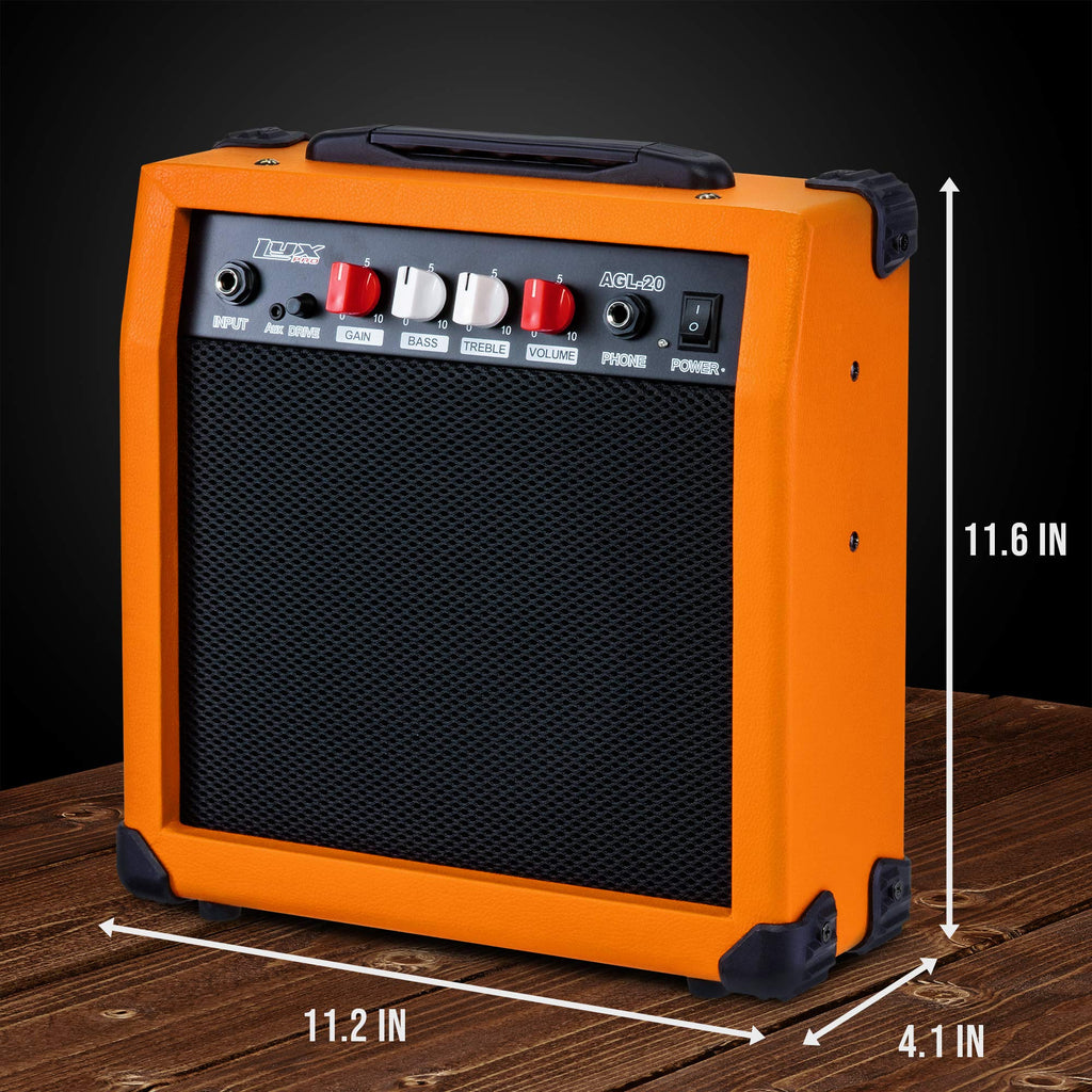 LyxPro Electric Guitar Amp 20 Watt Amplifier Built in Speaker Headphone Jack and Aux Input Includes Gain Bass Treble Volume and Grind - Black