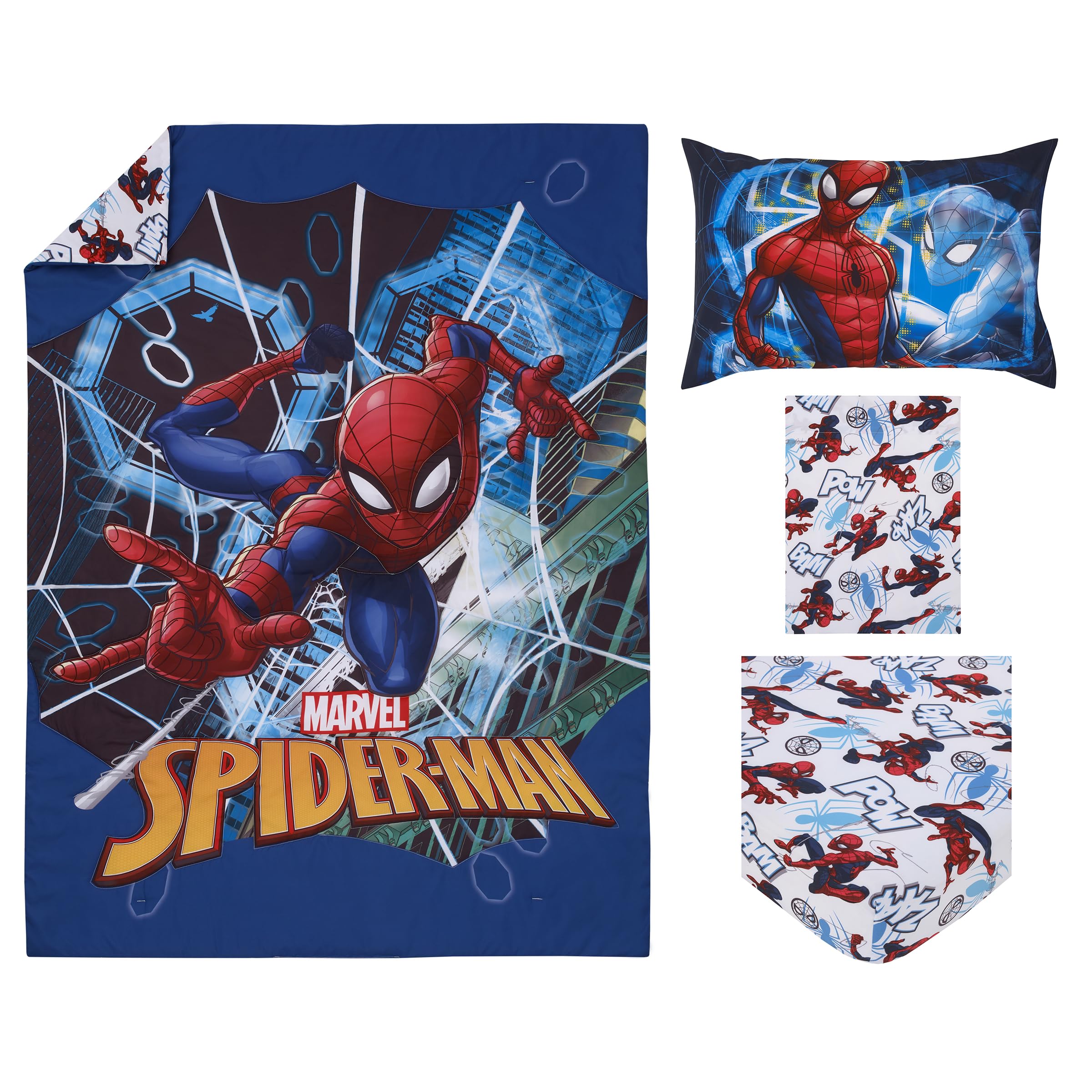 NoJo Marvel The Avengers I Am A Hero Blue, Green, Red, and Yellow 4 Piece Toddler Bed Set - Comforter, Fitted Bottom Sheet, Flat Top Sheet, and Reversible Pillowcase