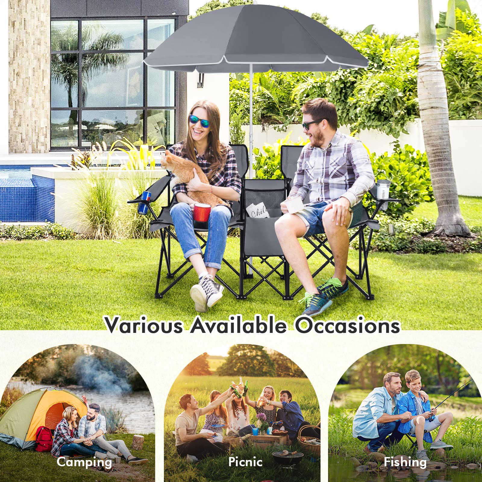 COSTWAY Double Portable Picnic Chairs, Folding Camping Chairs w/Detachable Umbrella, Cooler Bag, Cup Holders, Patio Beach Camping Chairs for Outdoors