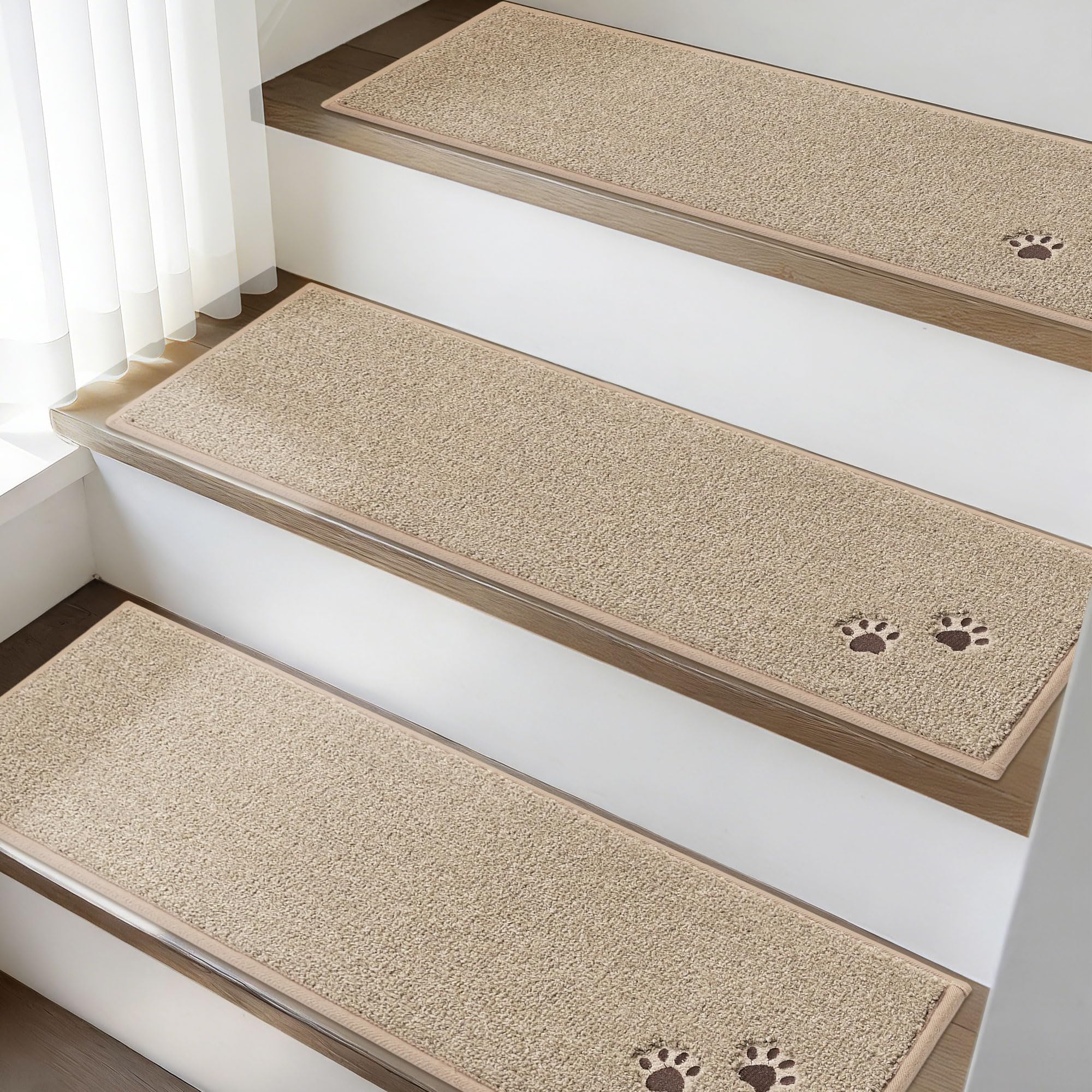 BEQHAUSE Stair Treads for Wooden Steps 28inX9in, Non Slip Carpet Stair Treads Indoor Stair Runners Machine Washable, Soft Stair Rugs Mat Surface Polyester TPE Backing, 4pcs, Beige