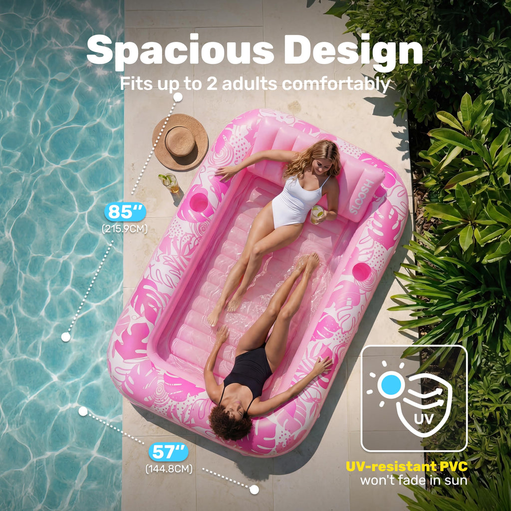 SLOOSH Inflatable Tanning Pool Lounger Float, 85" x 57" Extra Large Pool Floats Adult with Pillow, 4 in 1 Suntan Tub Raft Floatie,Sunbathing Bed Lounge for Water Blow Up Ball Pit Party Gifts, XL-Blue