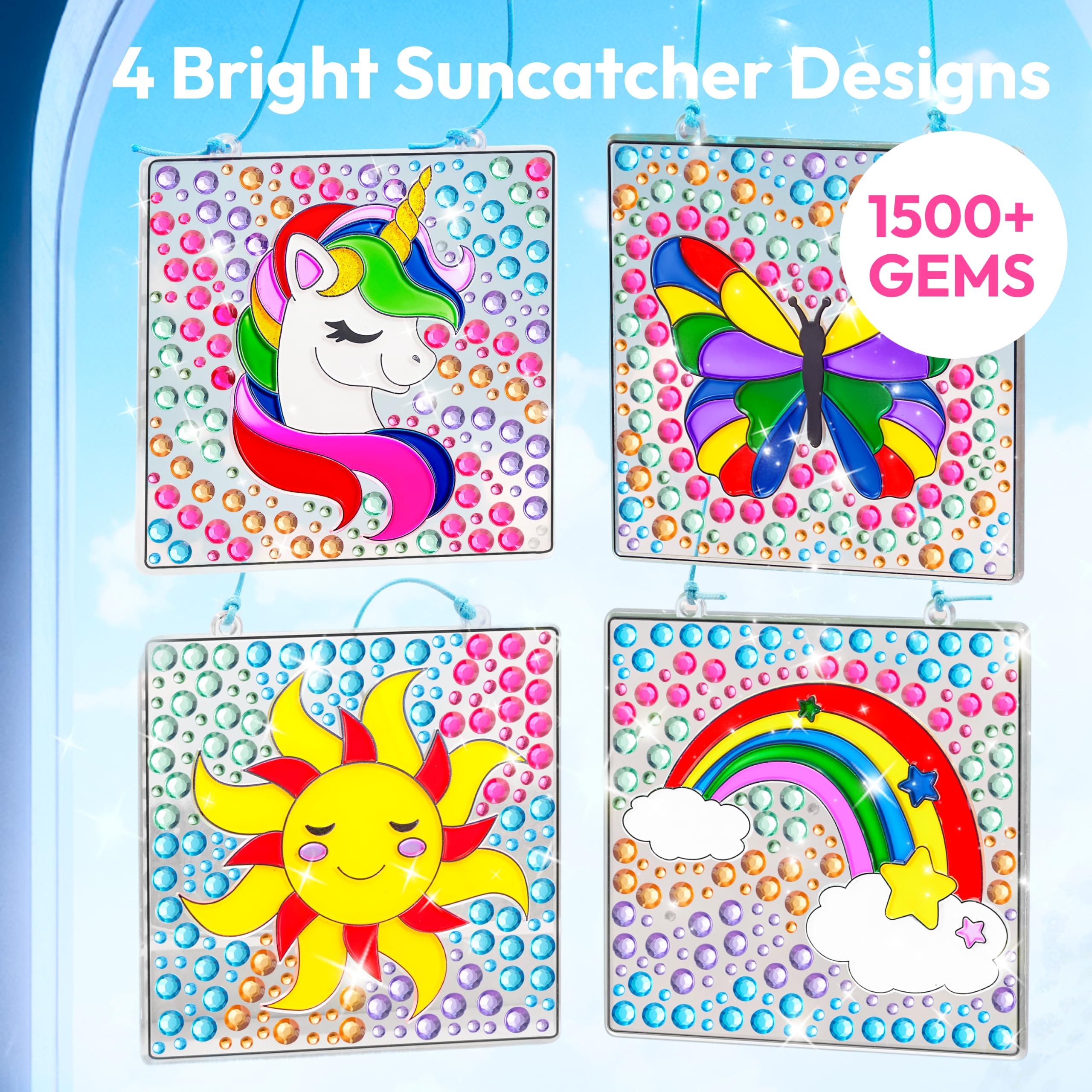 Klever Kits 4PCS Window Art Suncatcher Kits, Fun Gem Painting Kits, Diamond Art and Crafts for Boys Girls, Great Crafts Gift for Kids Birthdays Christmas Ages 6+
