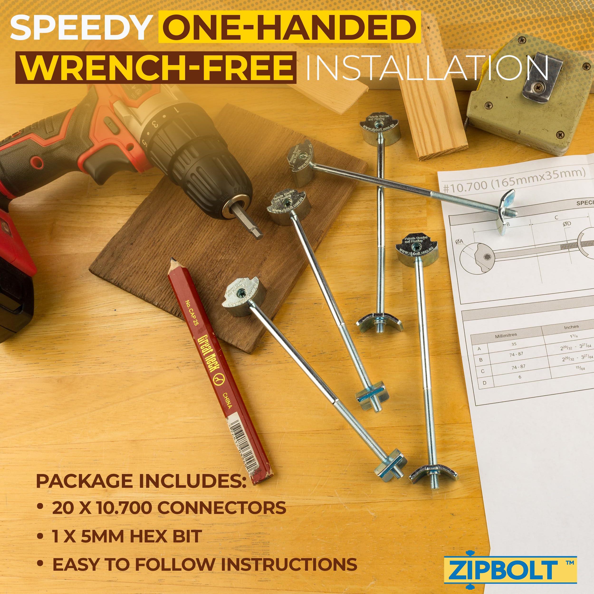 Zipbolt 10.800 Countertop Miter Connector — 20 Piece Joint Fastener Drawbolt Pack with 5mm Hex Bit for Joining Countertops, Butcher Blocks, Furniture, and More - Single-Handed Tightening
