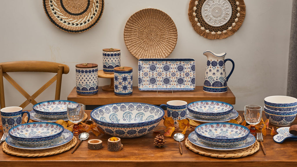 Bico Blue Talavera Pasta Bowls, 35oz Salad Bowl Set of 4, Large Ceramic Serving Dinner Bowls for Soup and Cereal, Microwave and Dishwasher Safe, Gift for Housewarming and Thanksgiving