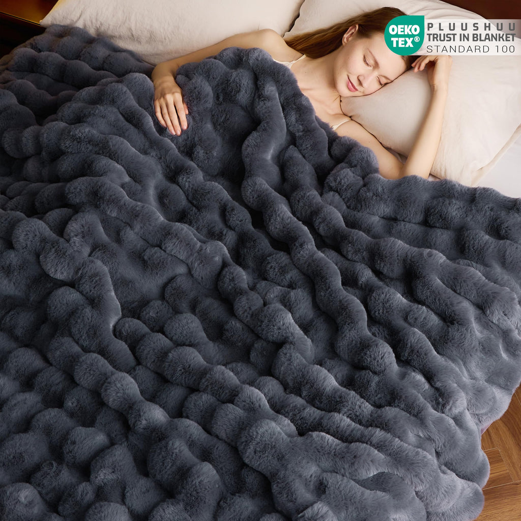 Faux Fur Throw Blanket for Couch, Fluffy Fuzzy Plush Bubble Blanket, Soft Warm Cozy Shaggy Rabbit Blanket, Luxury Decorative Gifts for Sofa Bedroom Living Room, 60x50inch (Beige)
