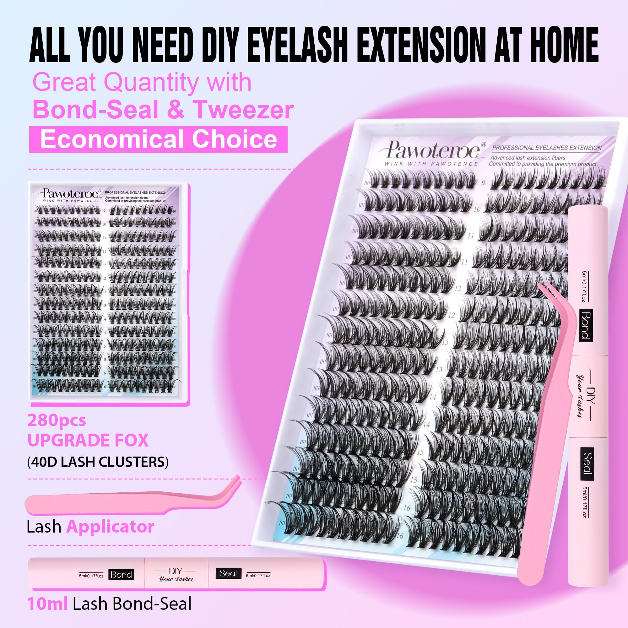 Pawotence Lash Extension Kit DIY 280pcs Individual Lash Clusters Kit 20D&30D Natural 9-15mm Cluster Eyelash Extensions Kit with Lash Bond and Seal, Tweezers for Self Use (20D&30D, 0.07D, 9-15mm, Kit)