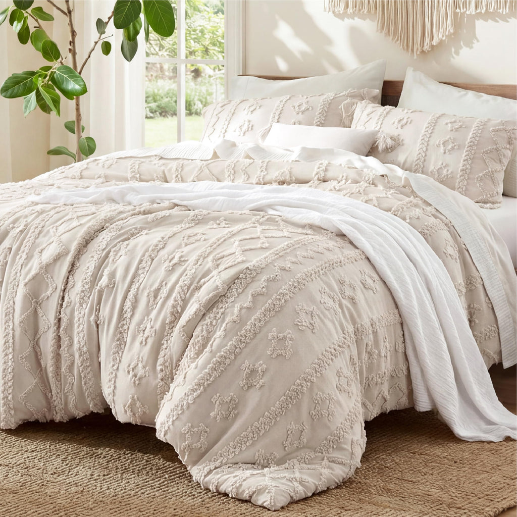 Bedsure Tufted Boho Comforter Set Twin Size - Beige Boho Bed Set, GentleSoft™ 2 Pieces Farmhouse-Style Embroidery Bedding, Gifts for Woman, Soft Jacquard Kids' Twin Comforter for All Seasons