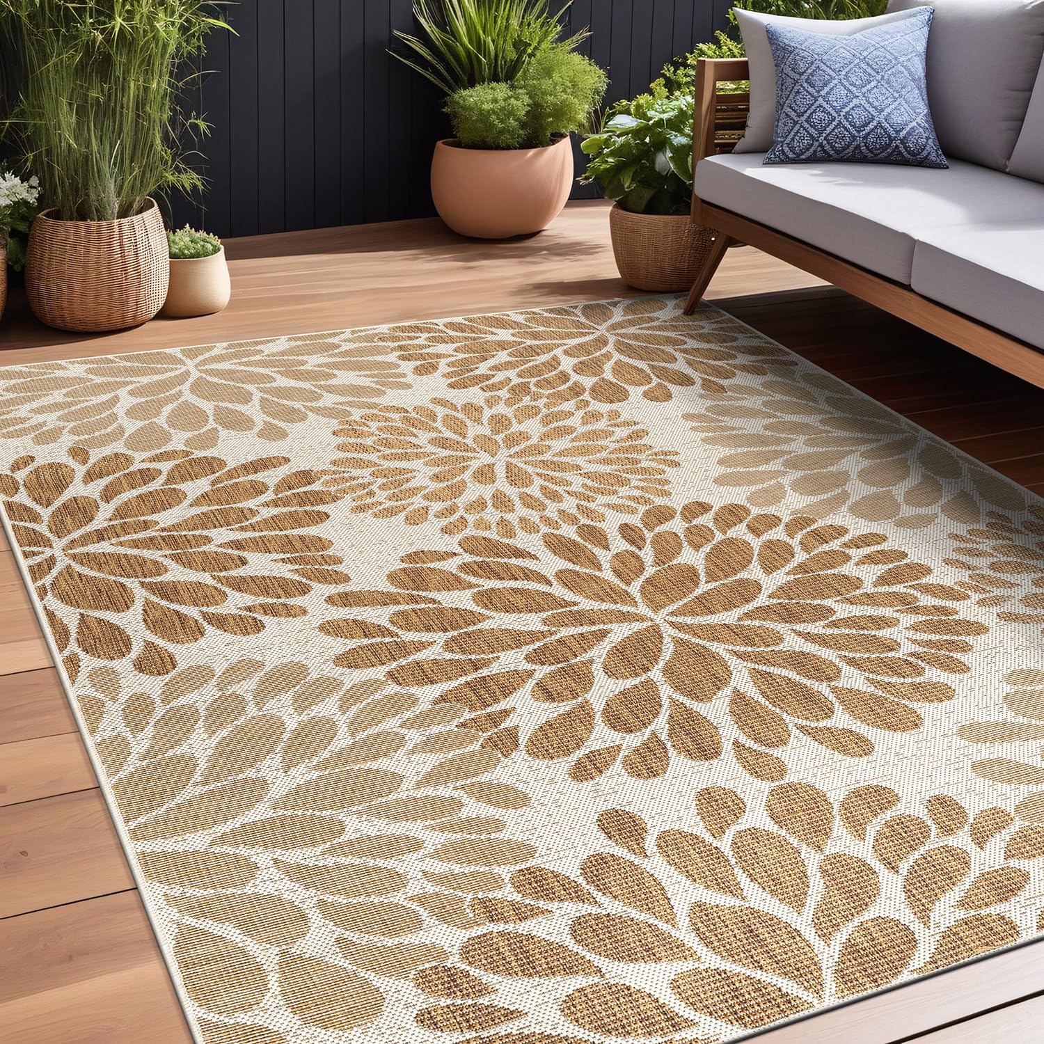 Beverly Rug Outdoor Rug 5x7 Modern Bordered Area Rugs for Indoor and Outdoor Patio Deck Porch Garden Waterproof Weather Sun Resistant Washable Outside Carpet (5 x 7 Beige)