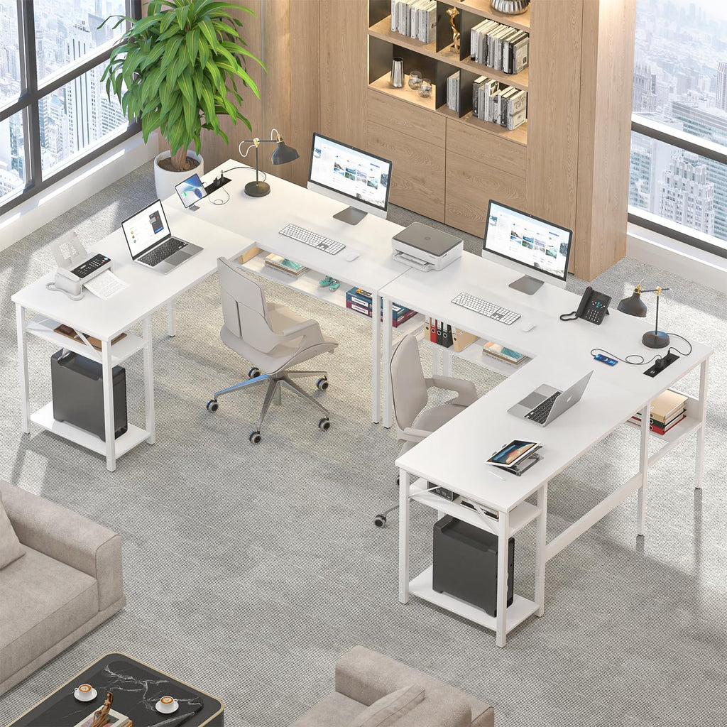 Reversible L Shaped Gaming Desk with Power Outlets and USB Charging Ports, Sturdy Computer Desk with Storage Shelf, Modern Corner Desk Home Office Table, Easy to Assemble, Gray Oak