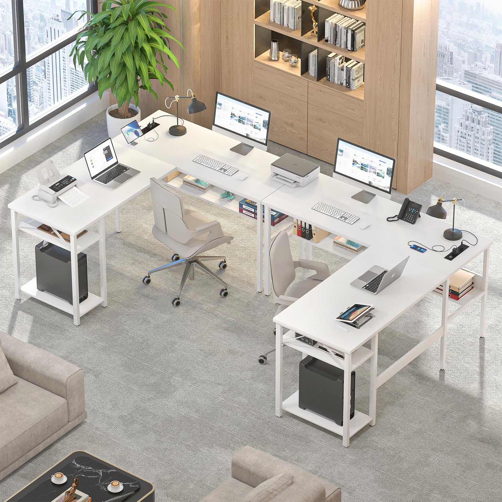 Reversible L Shaped Gaming Desk with Power Outlets and USB Charging Ports, Sturdy Computer Desk with Storage Shelf, Modern Corner Desk Home Office Table, Easy to Assemble, Gray Oak