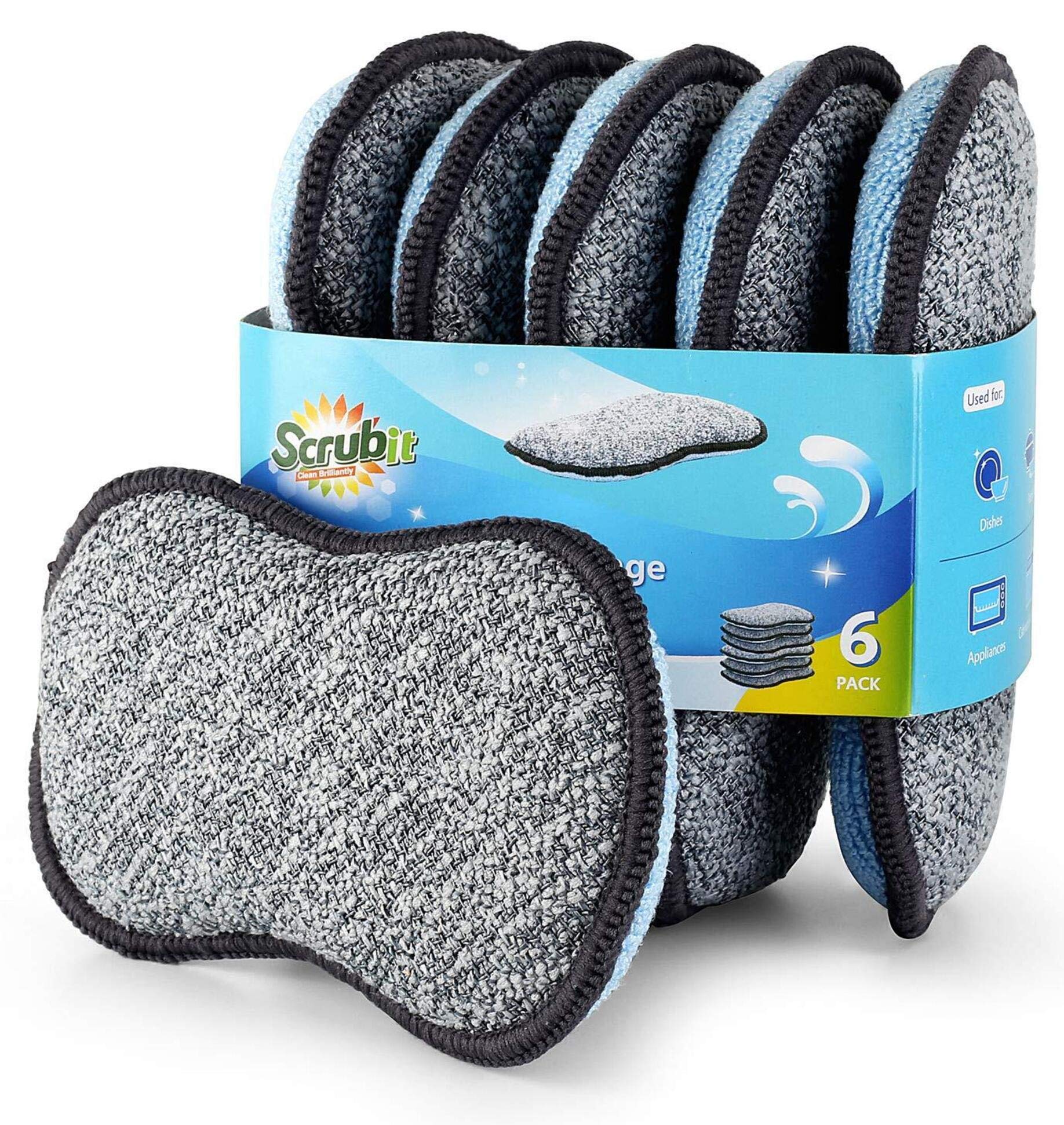 Multi-Purpose Scrub Sponges for Kitchen By Scrub- it - Non-Scratch Microfiber Sponge Along with Heavy Duty Scouring Power - Effortless Cleaning of Dishes, Pots and Pans All at Once(6 Pack, Large)
