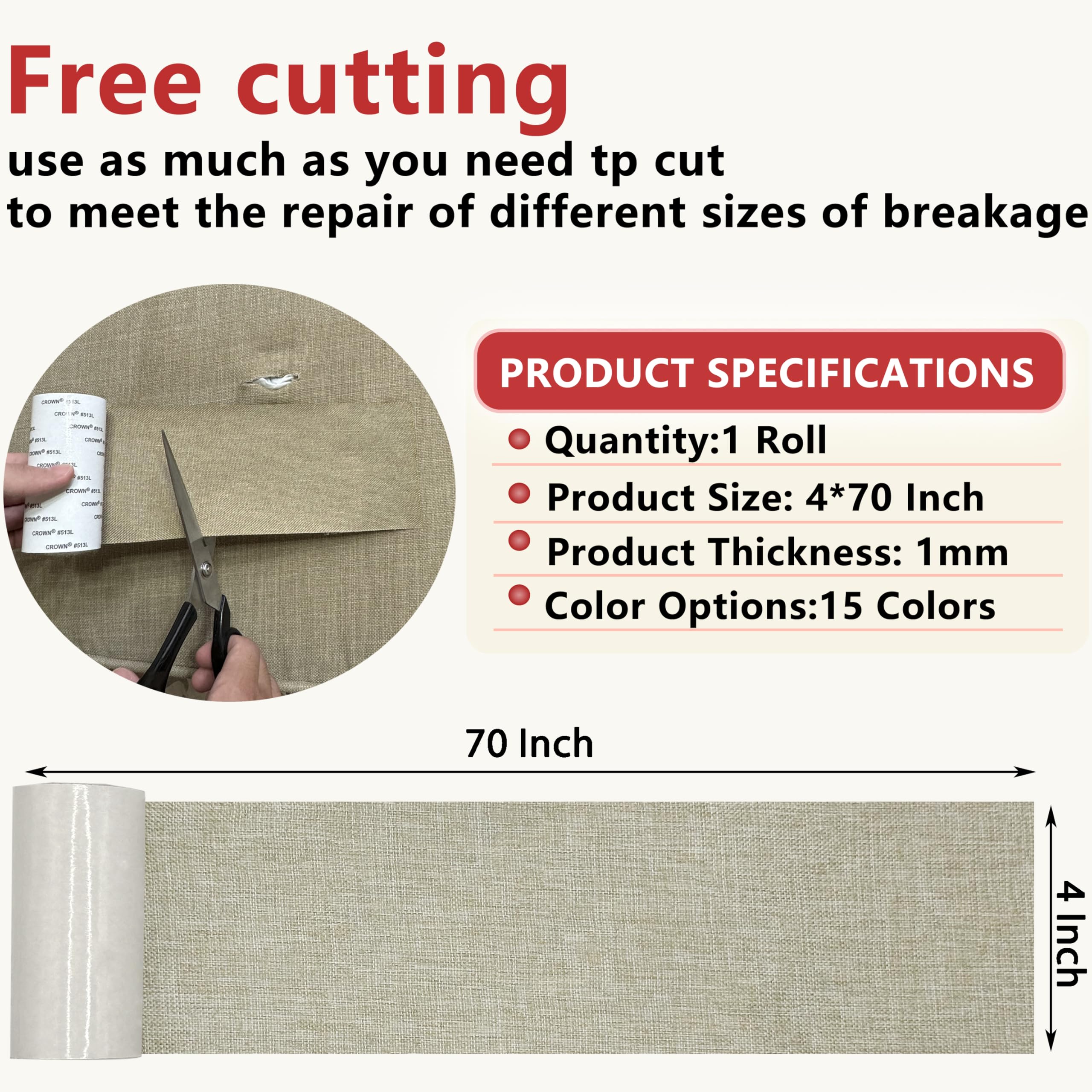 Gheeidau Linen Repair Tape 4x70 Inch Self-Adhesive Couch Patch Repair Fabric Patch for Furniture,Sofas,Cushion,Chairs,Bags,Linen Goods(Beige)