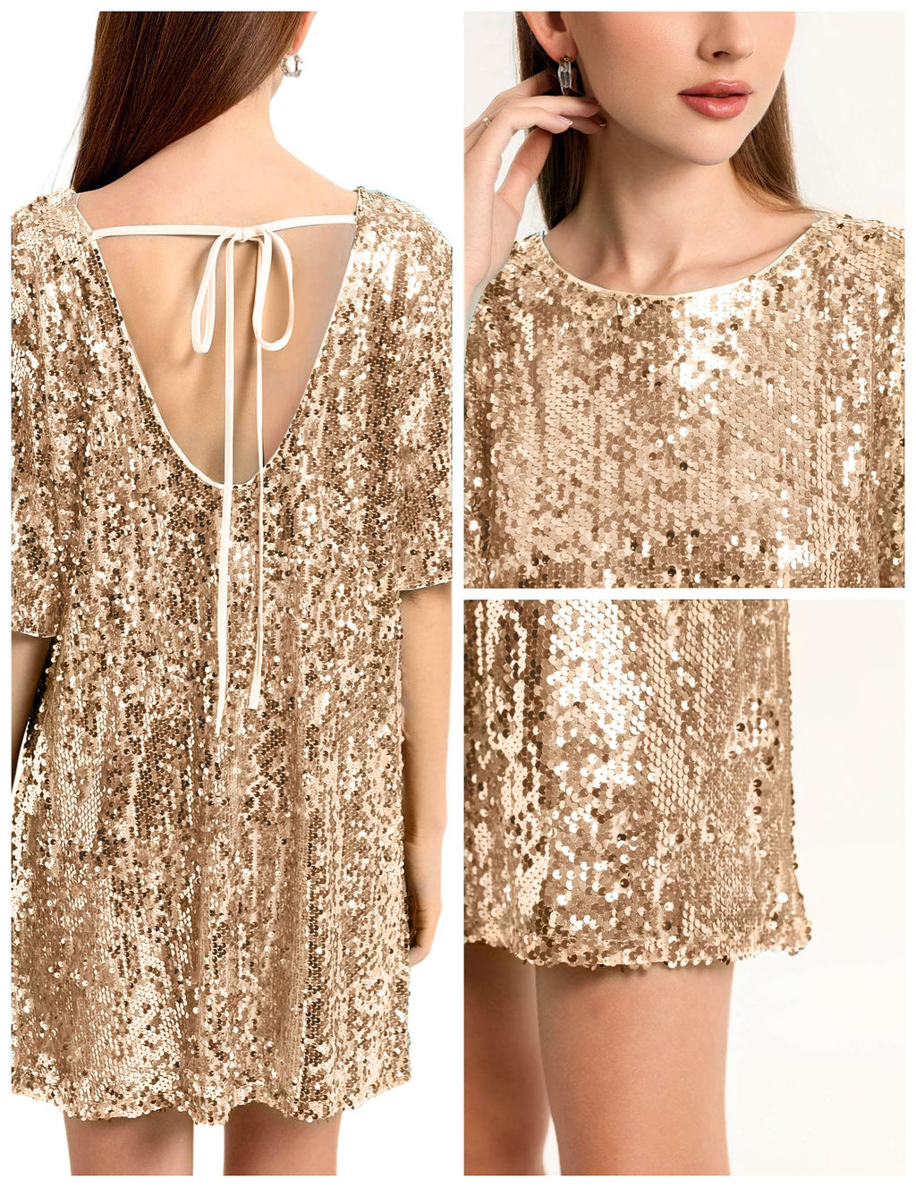 Women's Crew Neck Sequin Dress for Women Sexy V Neck Shirt Dress Sparkly Half Sleeve Loose Party Club Cocktail Dress