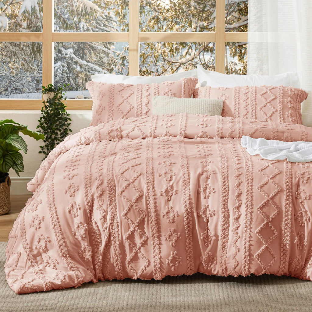 Bedsure Tufted Boho Comforter Set Twin Size - Beige Boho Bed Set, GentleSoft™ 2 Pieces Farmhouse-Style Embroidery Bedding, Gifts for Woman, Soft Jacquard Kids' Twin Comforter for All Seasons