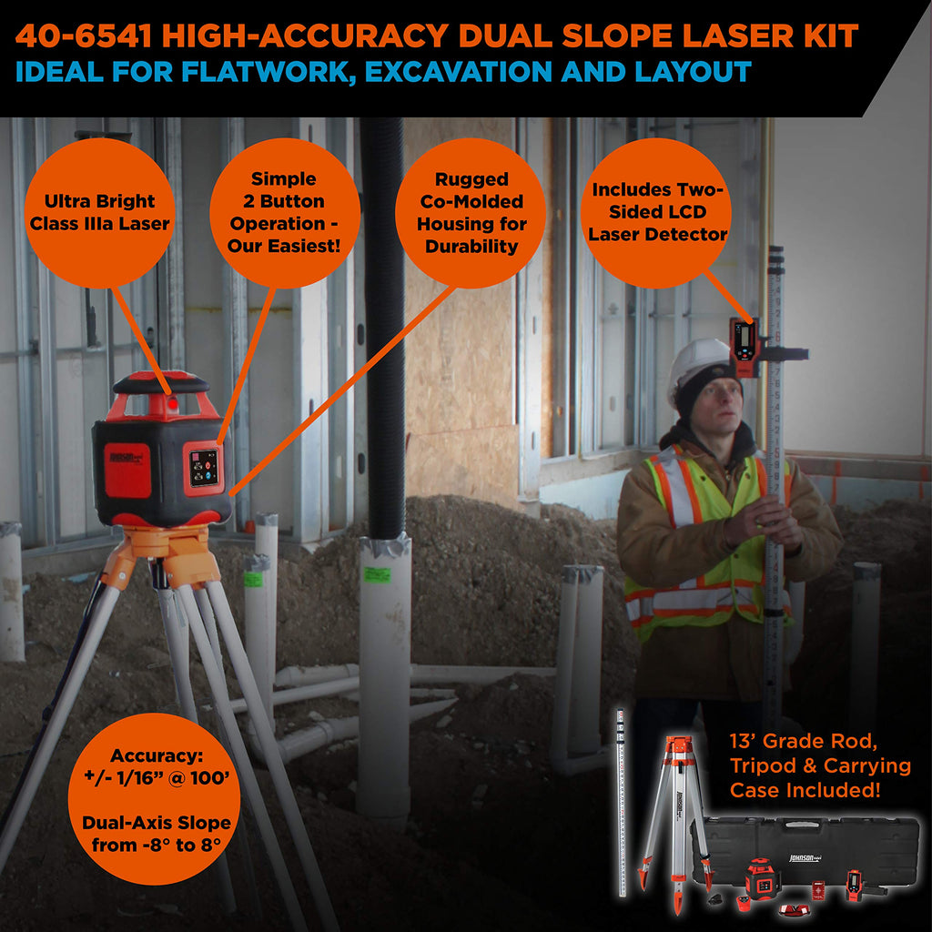 Johnson Level & Tool 40-6541 High Accuracy Dual Slope Rotary Laser System, Red, 1 ‎Kit