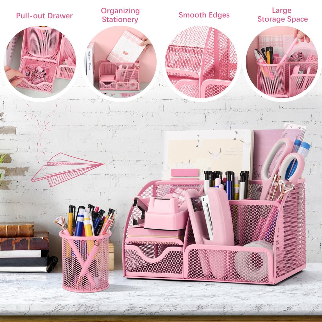 Fayoo 11 Pcs Pink Office Supplies Set Mesh Desk Organizer Accessories Kit include Stapler Tape Dispenser Staple Remover Clips Ruler Scissors Sticky Notes for Office School Home Women (Pink)