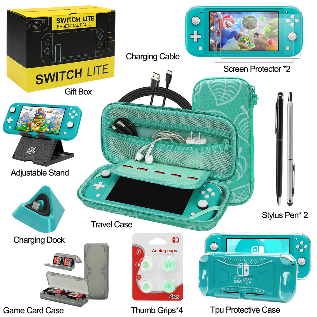 Switch Lite Accessories Bundle, Kit with Carrying Case,TPU Case Cover with Screen Protector,Charging Dock,Playstand, Game Card Case, USB Cable, Stylus,Thumb Grip Caps for Nintendo Switch Lite (Black)