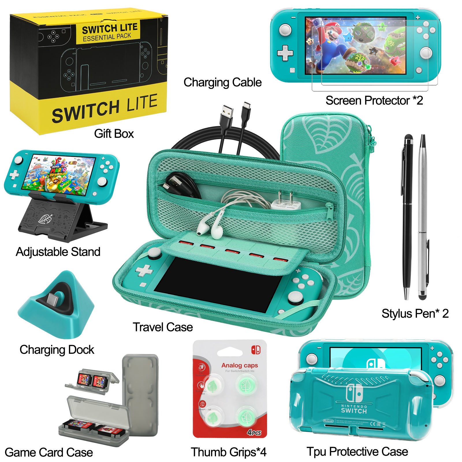 Switch Lite Accessories Bundle, Kit with Carrying Case,TPU Case Cover with Screen Protector,Charging Dock,Playstand, Game Card Case, USB Cable, Stylus,Thumb Grip Caps for Nintendo Switch Lite (Black)