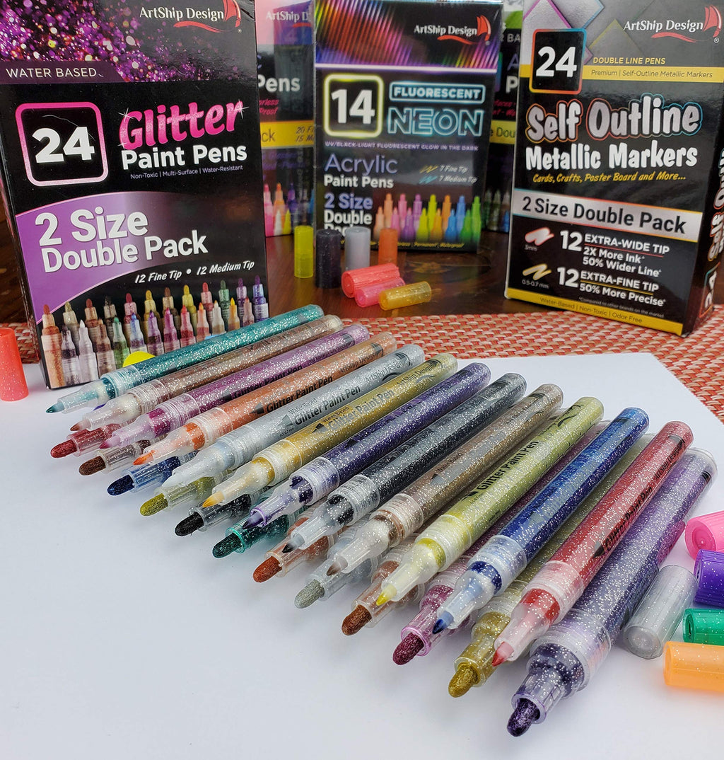 ArtShip Design 10 Black Acrylic Paint Pens, Double Pack of Both Extra Fine and Medium Tip Paint Markers, for Rock Painting, Mug, Ceramic, Glass, and Fabric Painting, Water Based Non-Toxic and No Odor