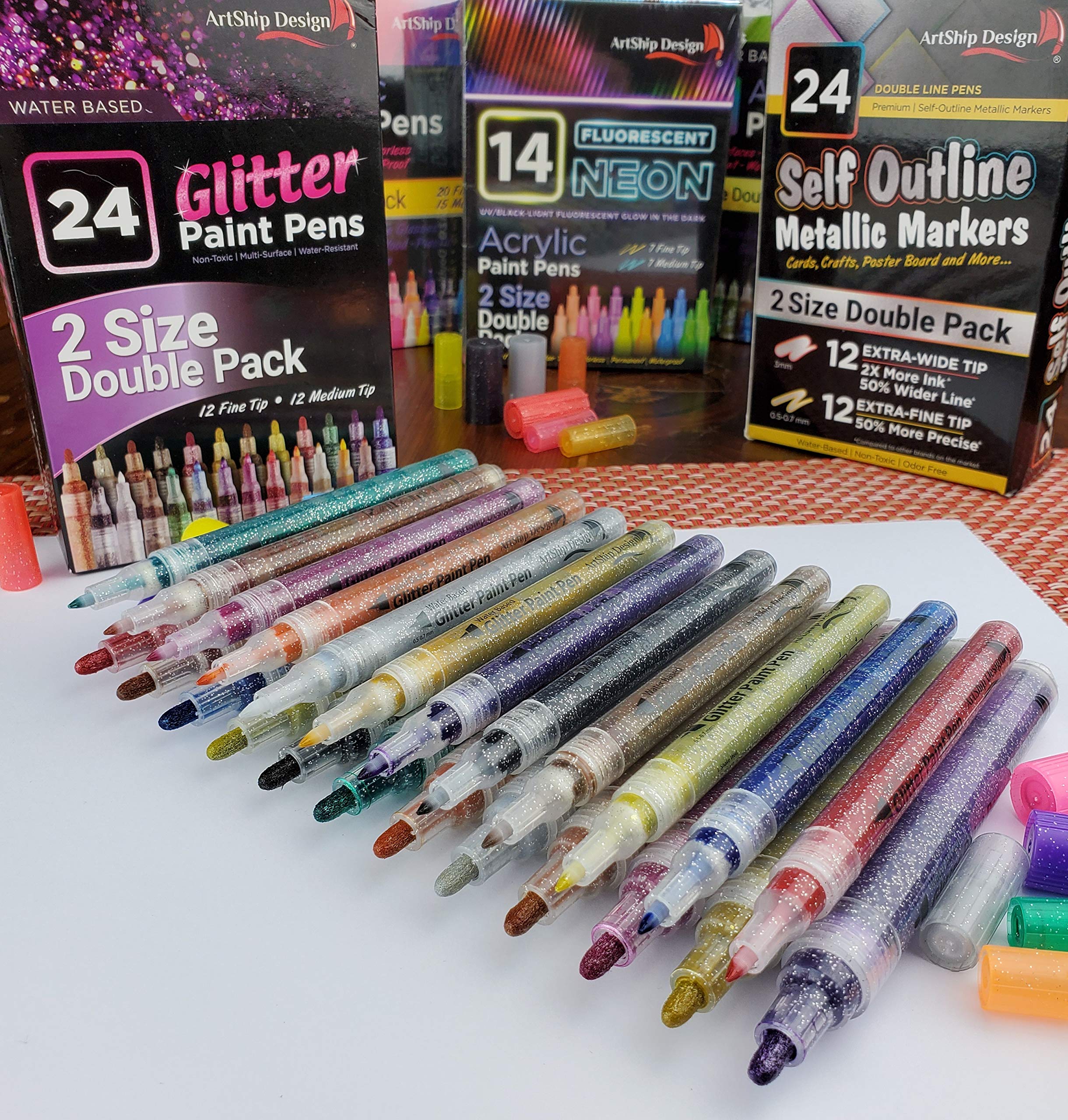 ArtShip Design 10 Black Acrylic Paint Pens, Double Pack of Both Extra Fine and Medium Tip Paint Markers, for Rock Painting, Mug, Ceramic, Glass, and Fabric Painting, Water Based Non-Toxic and No Odor