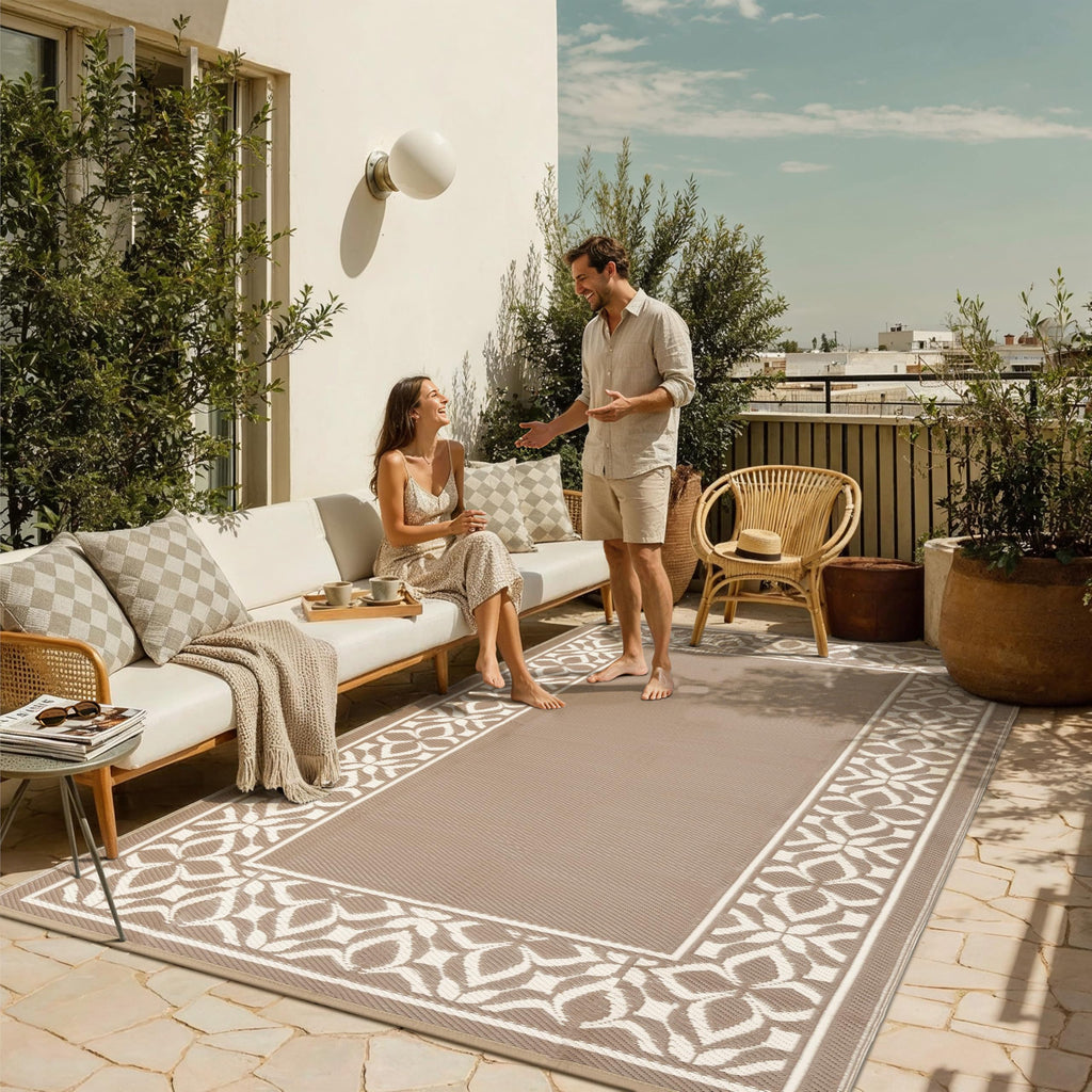 PureCozy Outdoor Plastic Straw Rug Black Beige Large Outside Waterproof Outdoor Patio 5x8 Carpet Geometric Reversible Mat Modern for Camping RV Porch Deck Balcony Beach