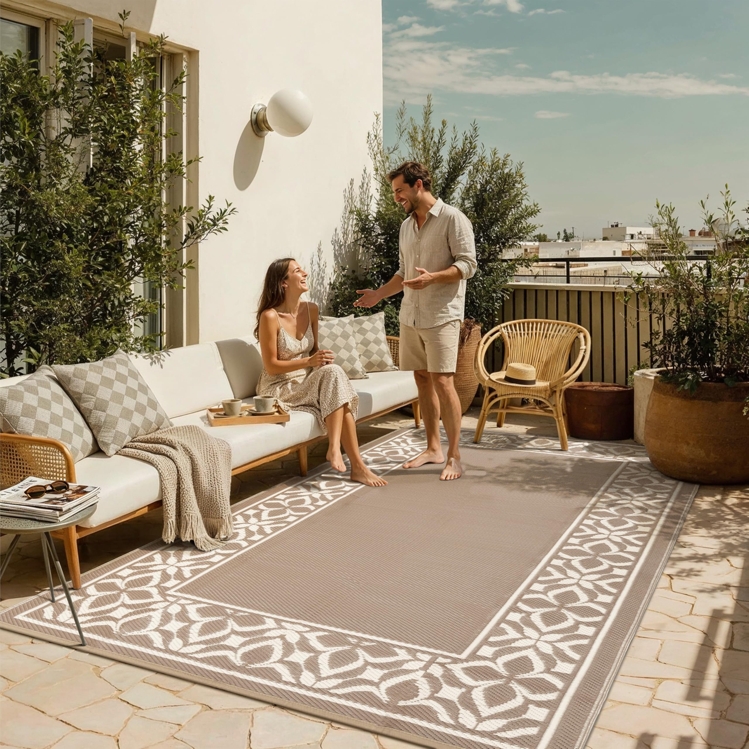PureCozy Outdoor Plastic Straw Rug Black Beige Large Outside Waterproof Outdoor Patio 5x8 Carpet Geometric Reversible Mat Modern for Camping RV Porch Deck Balcony Beach