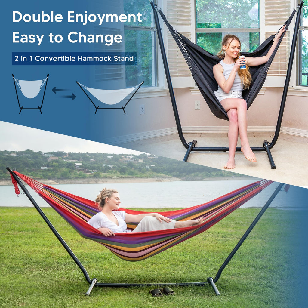 SUNCREAT 2-in-1 Convertible Free Standing Hammock with Stand Included, Camping Backyard Hammock with Stand, Patented, Blue & White Stripe