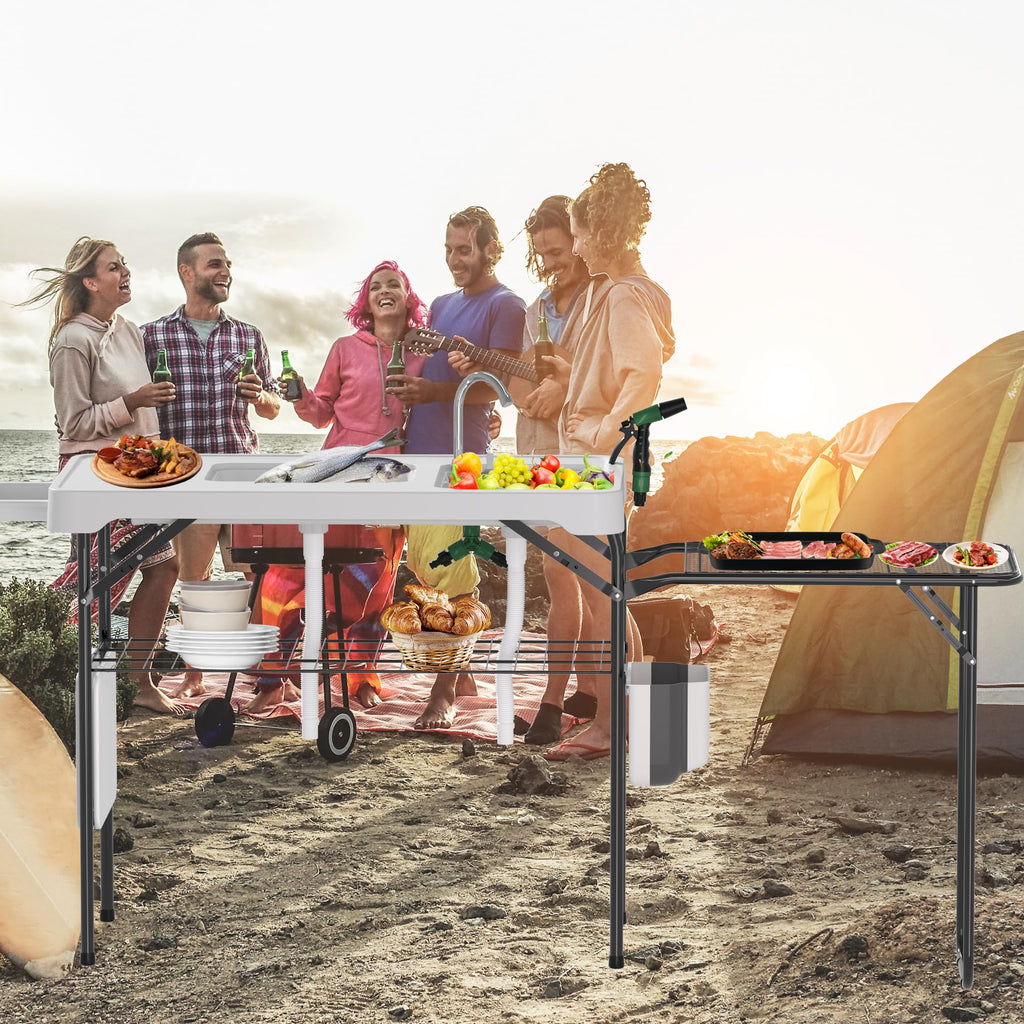 Dragosum Fish Cleaning Table, Portable Folding Camping Table with Folding Grill Extension Board, Fish Cleaning Station with Dual Sinks, Hose Hook Up