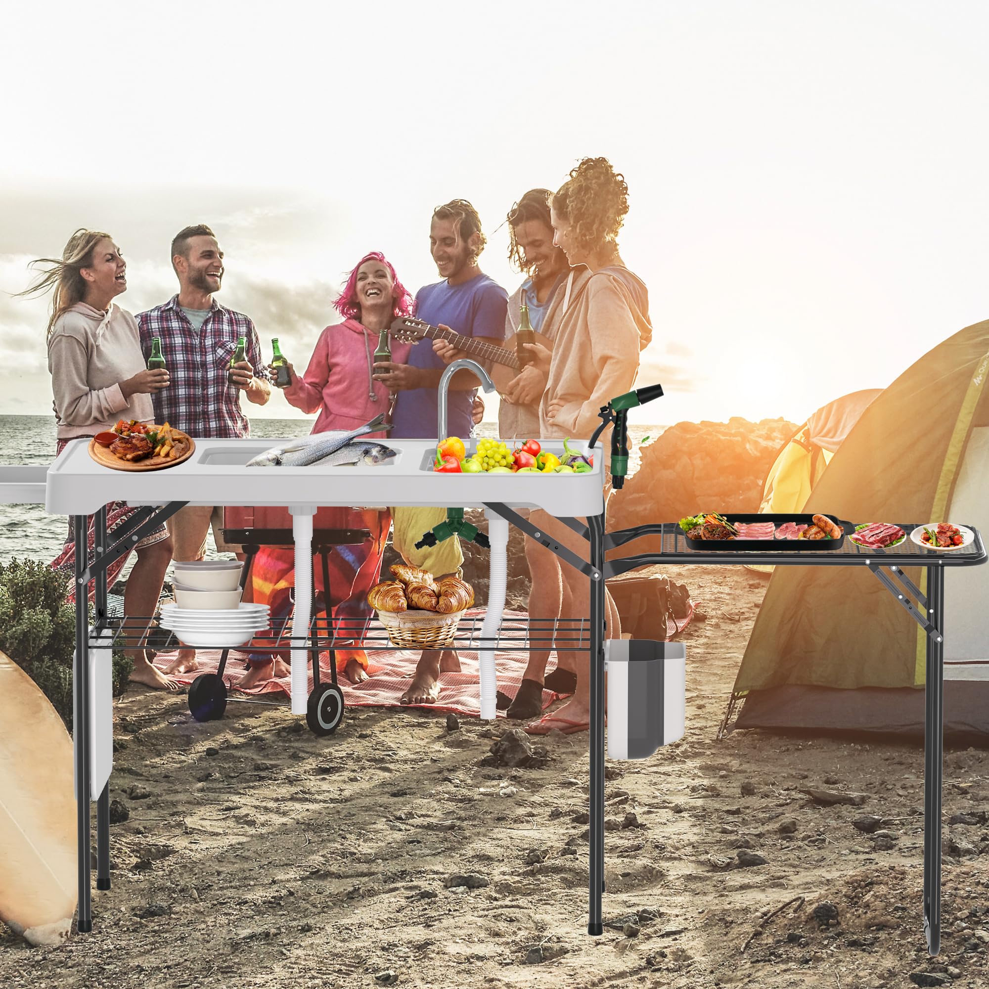 Dragosum Fish Cleaning Table, Portable Folding Camping Table with Folding Grill Extension Board, Fish Cleaning Station with Dual Sinks, Hose Hook Up