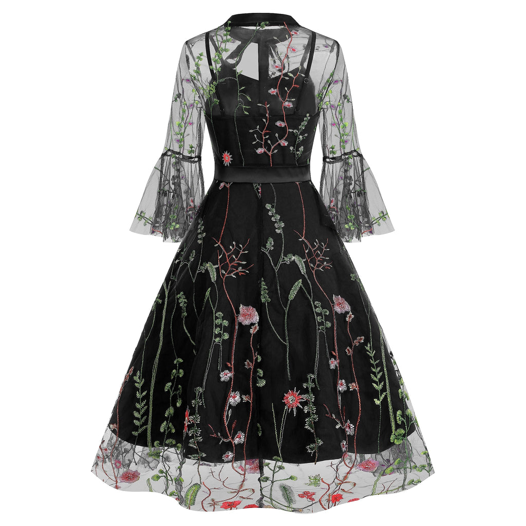Women Mesh Floral Embroidery Vintage Cocktail Swing Dress Illusion 50s Goth Flared A line Casual Wedding Prom Evening Dress