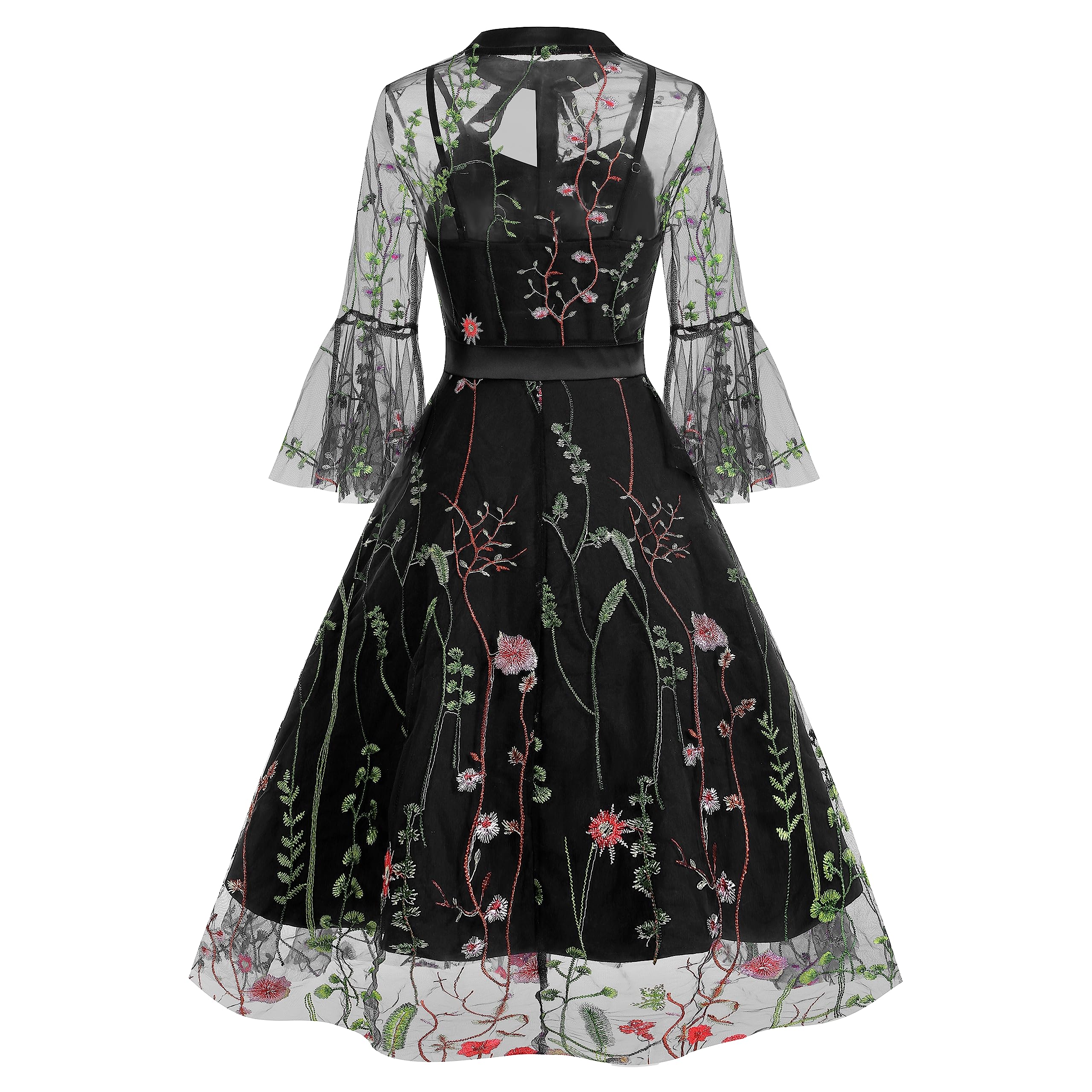 Women Mesh Floral Embroidery Vintage Cocktail Swing Dress Illusion 50s Goth Flared A line Casual Wedding Prom Evening Dress