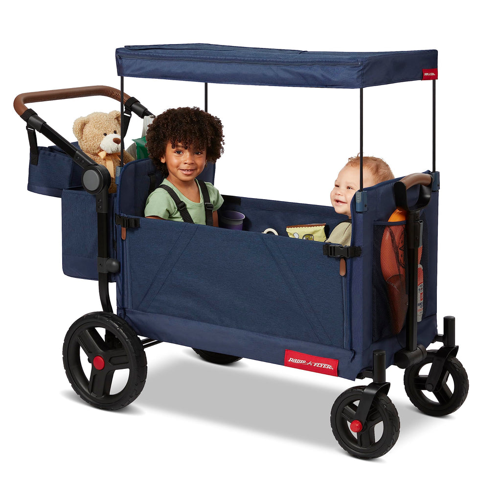 Radio Flyer Atlas Stroll 'N Wagon, Navy Blue, For Ages 1+, 3-in-1 Push or Pull Versatility, One-Hand Fold, UV Canopy, 5-Point Harnesses, Storage Capabilities, Rubber Wheels, Stroller Wagon for Kids